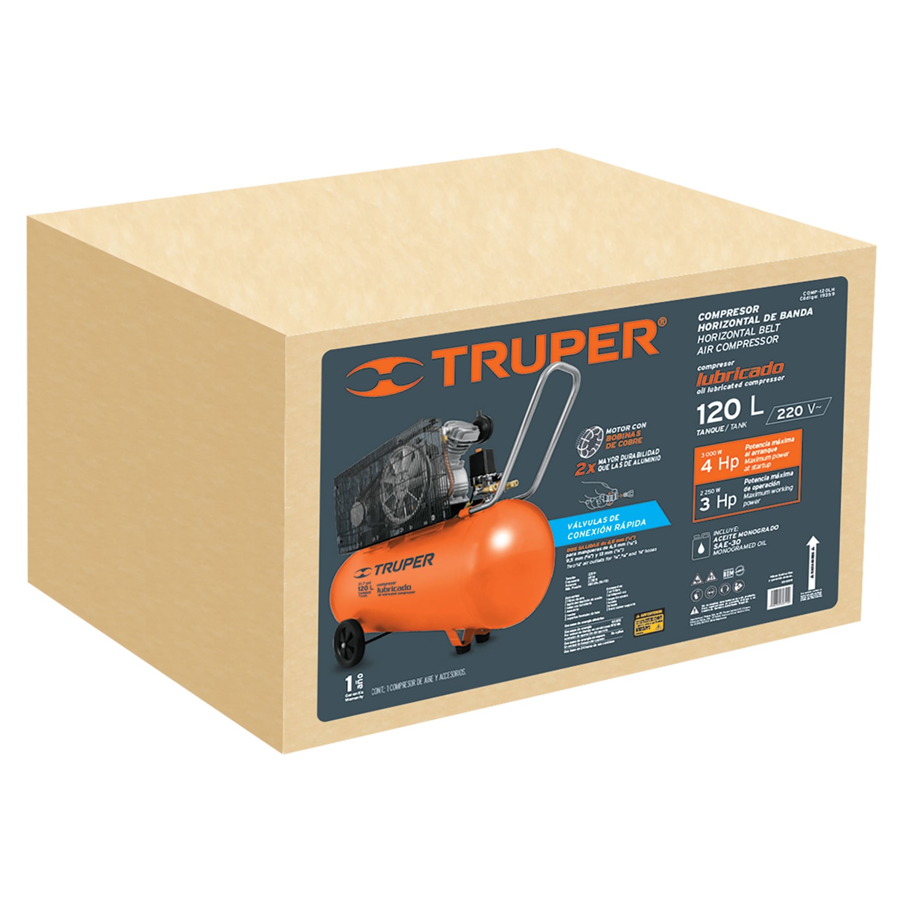 Compresor lubricado, de banda, 120L,4HP, hor, 220V, TRUPER