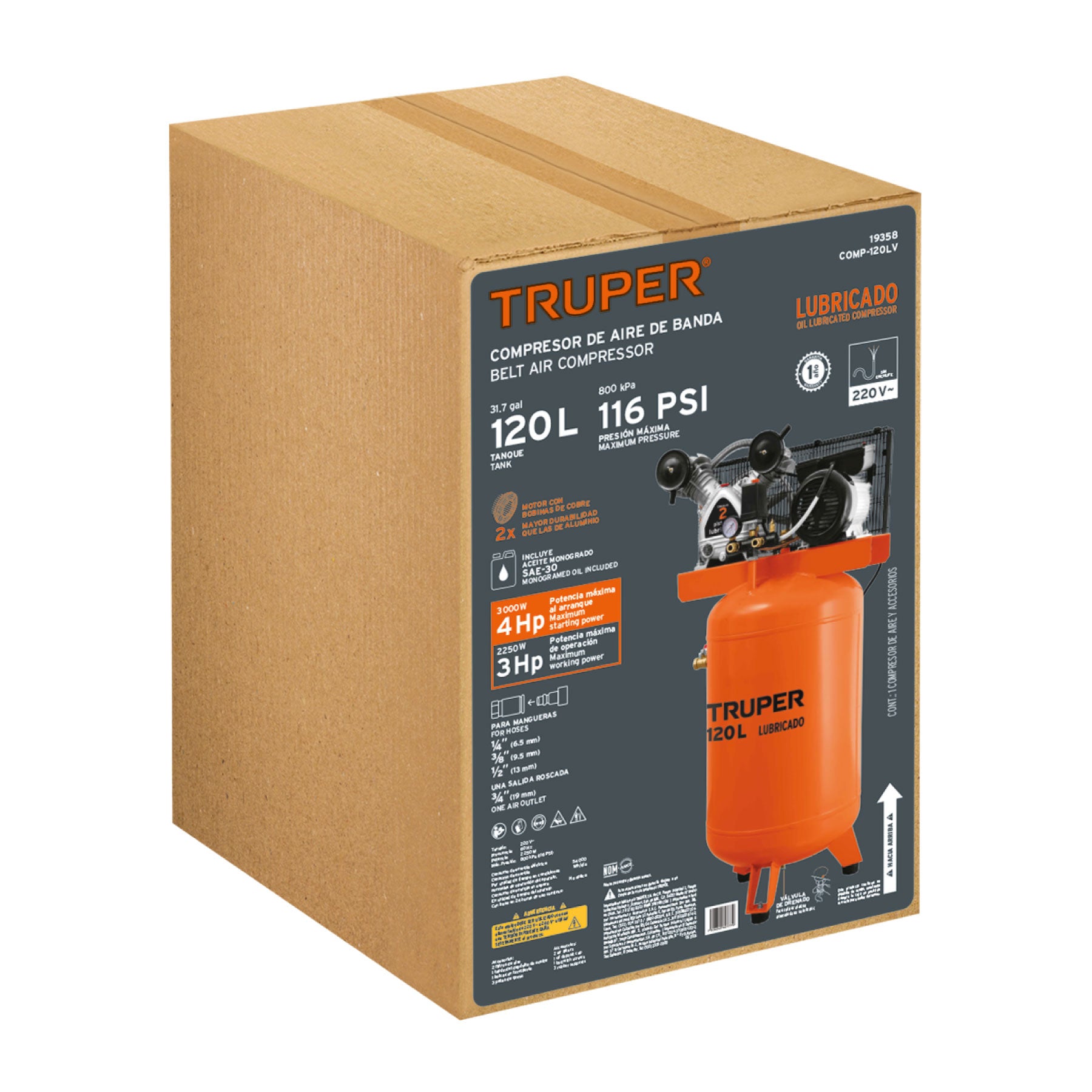 Compresor lubricado, de banda, 120L, 4HP, vert, 220V, TRUPER