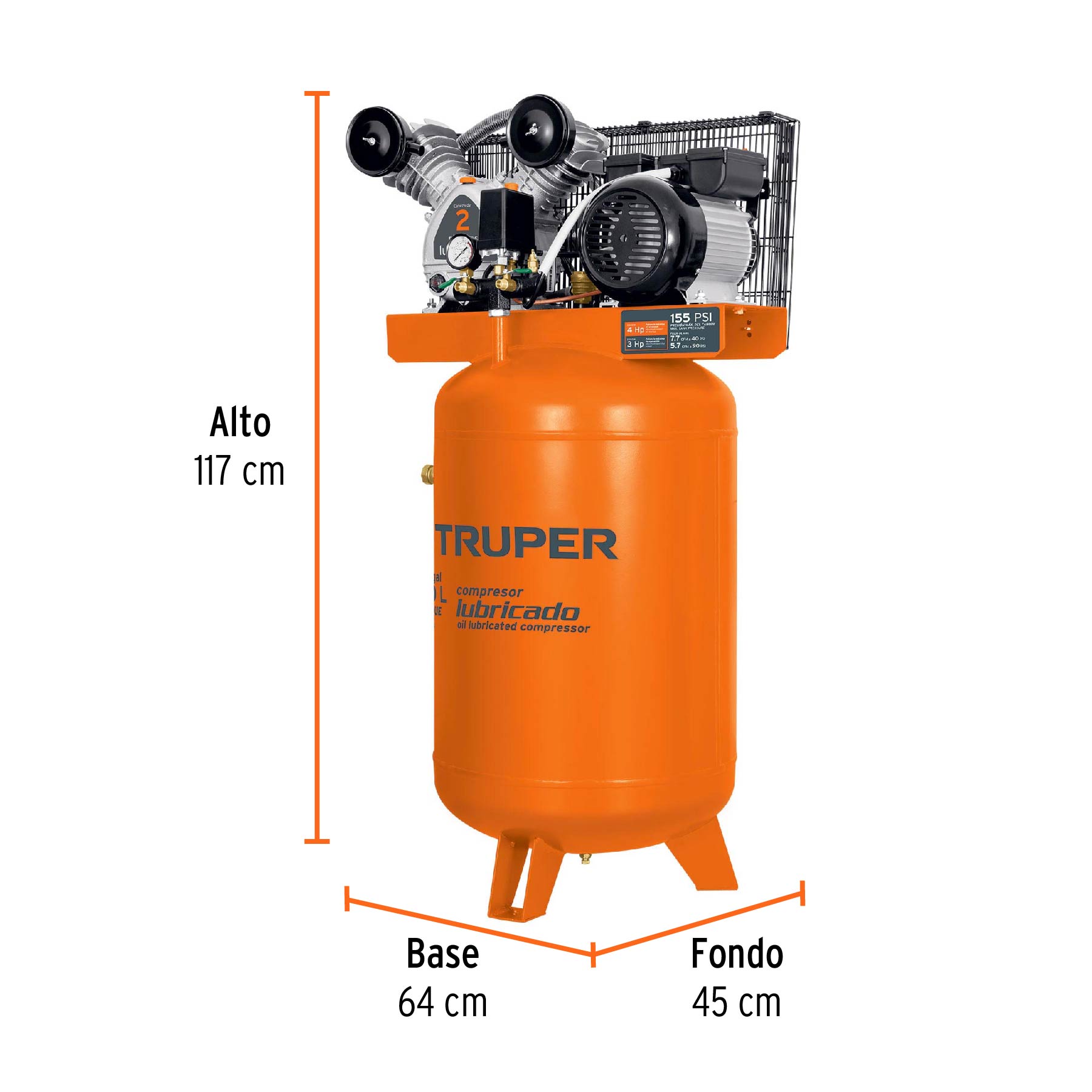 Compresor lubricado, de banda, 120L, 4HP, vert, 220V, TRUPER