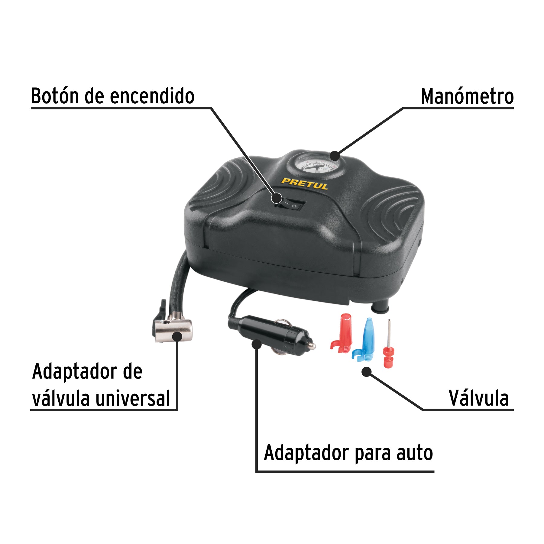 Inflador portátil para auto, 12 V, PRETUL