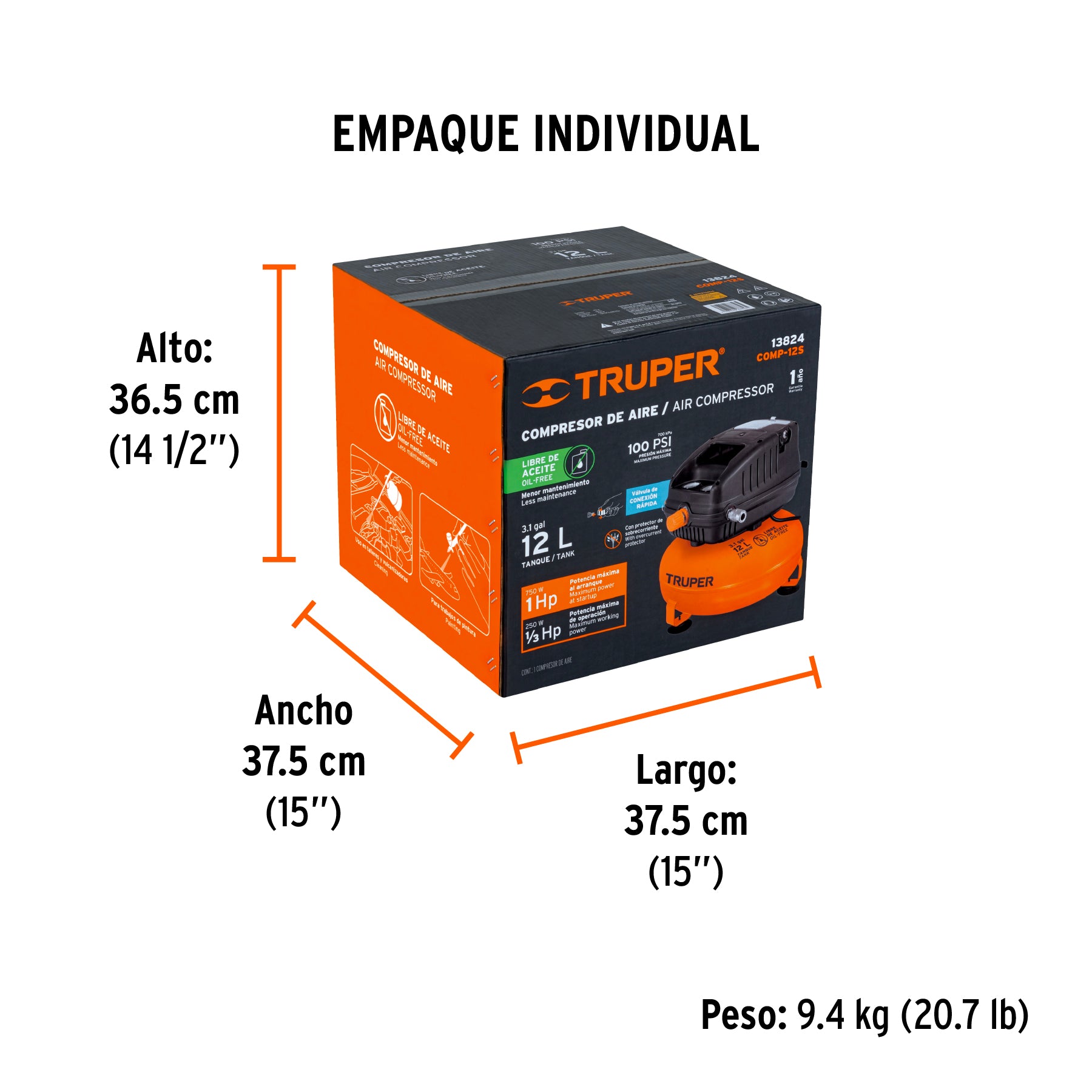 Compresor libre de aceite, 12L, 1HP, 127V, TRUPER - Empaque