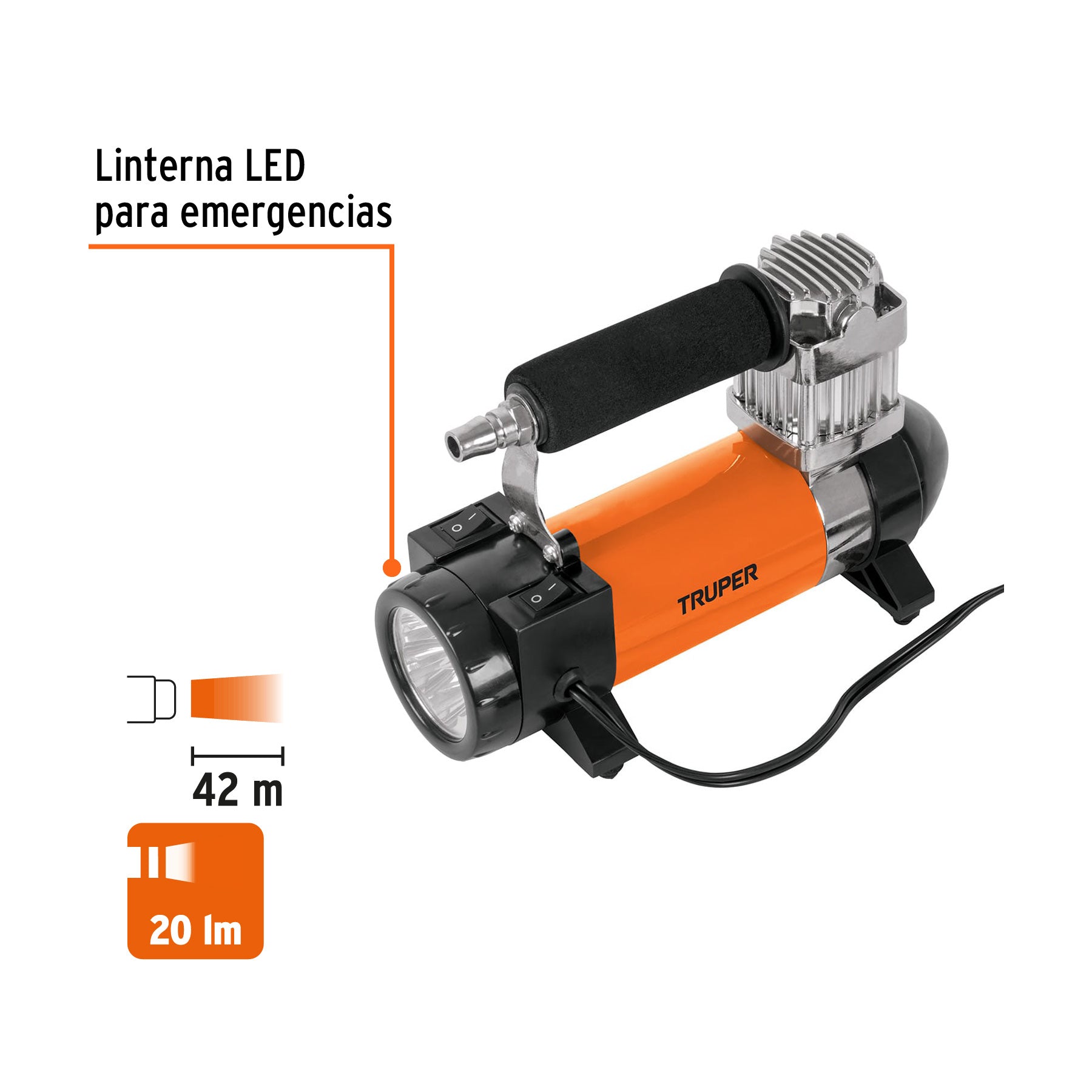 Inflador portátil 12 V para auto, con linterna LED, TRUPER