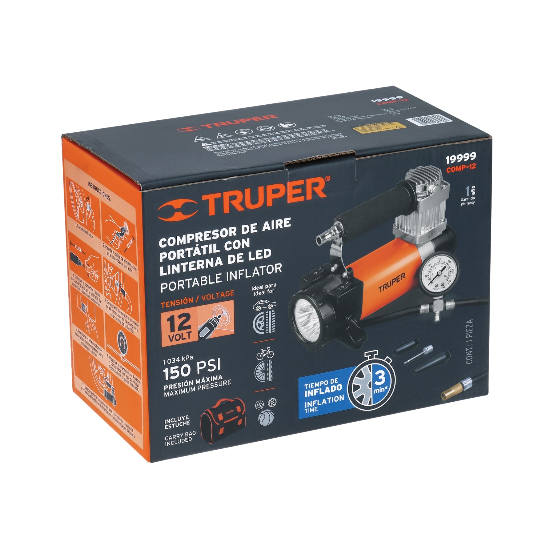 Inflador portátil 12 V para auto, con linterna LED, TRUPER