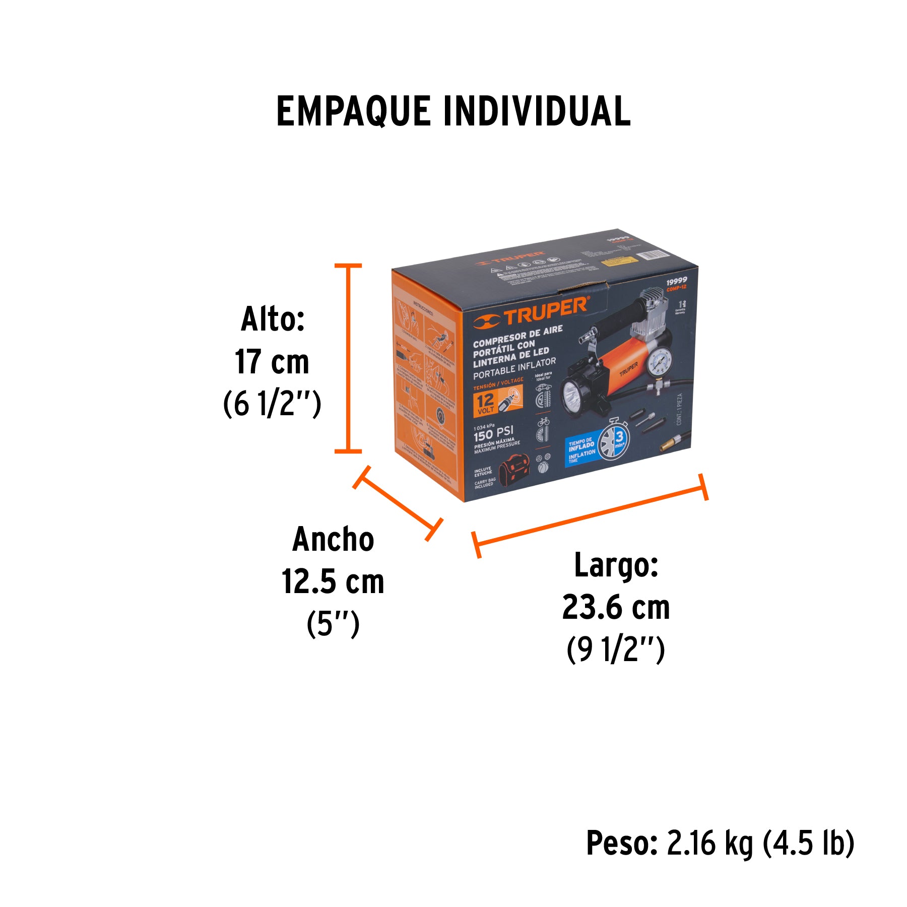 Inflador portátil 12 V para auto, con linterna LED, TRUPER - Empaque