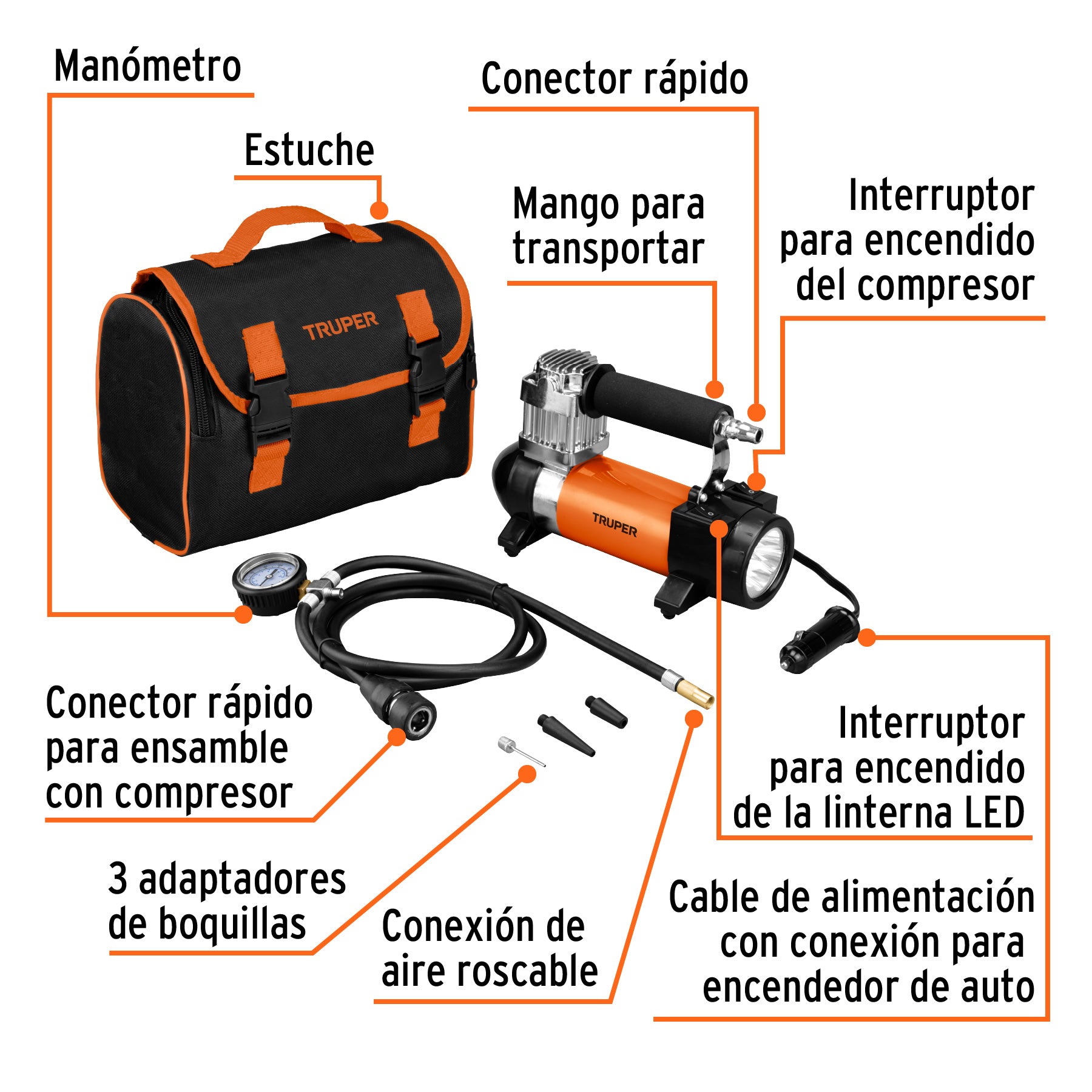 Inflador portátil 12 V para auto, con linterna LED, TRUPER