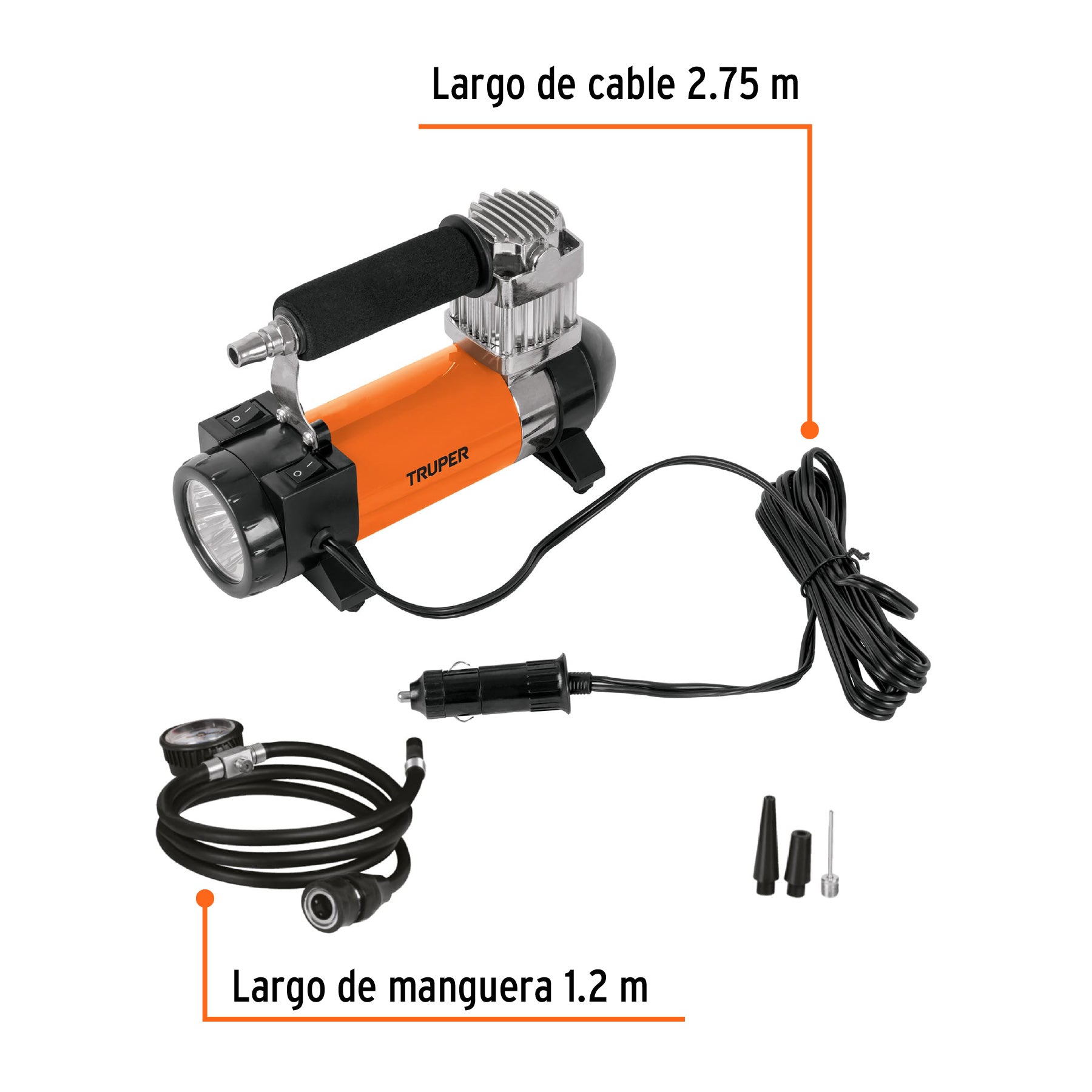 Inflador portátil 12 V para auto, con linterna LED, TRUPER