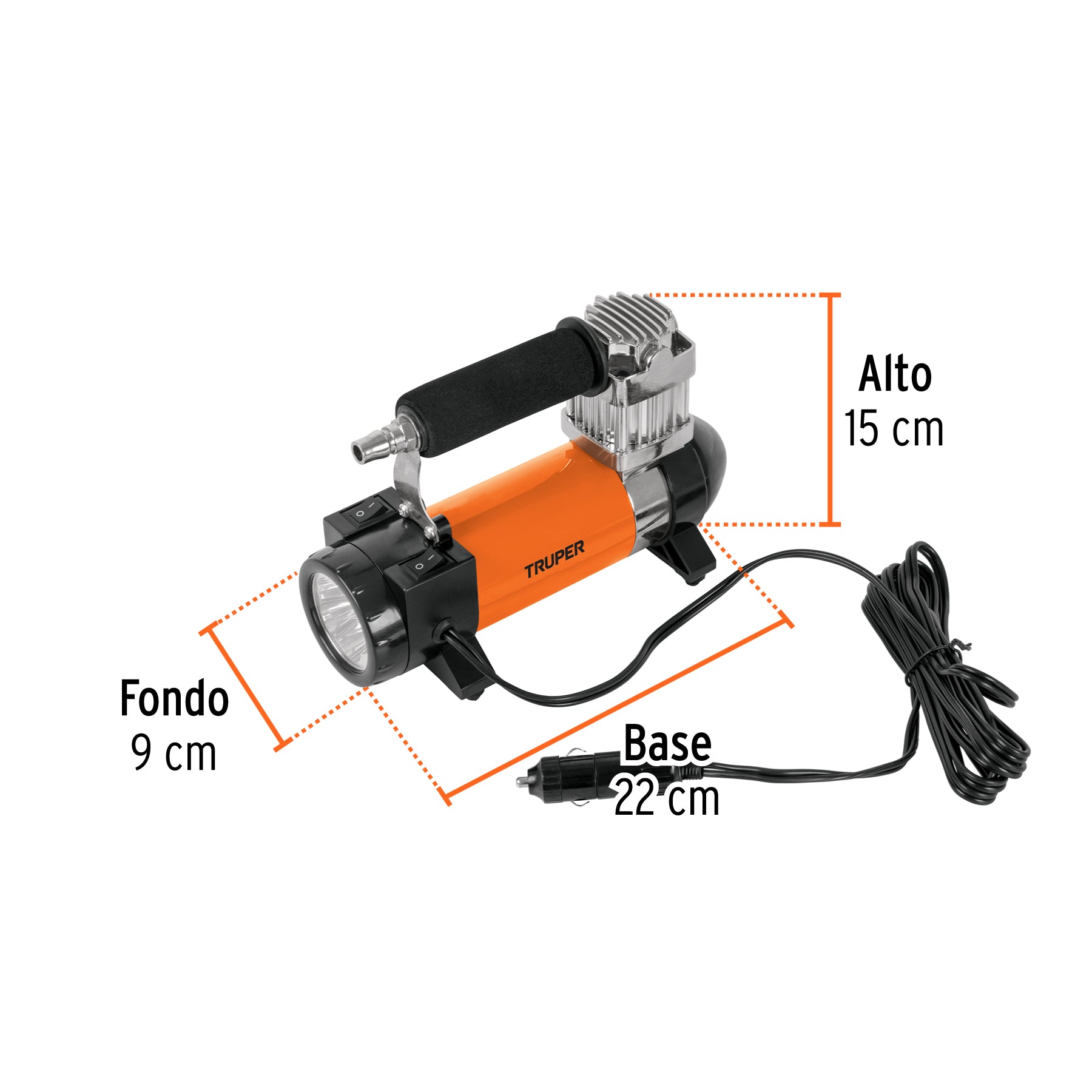 Inflador portátil 12 V para auto, con linterna LED, TRUPER
