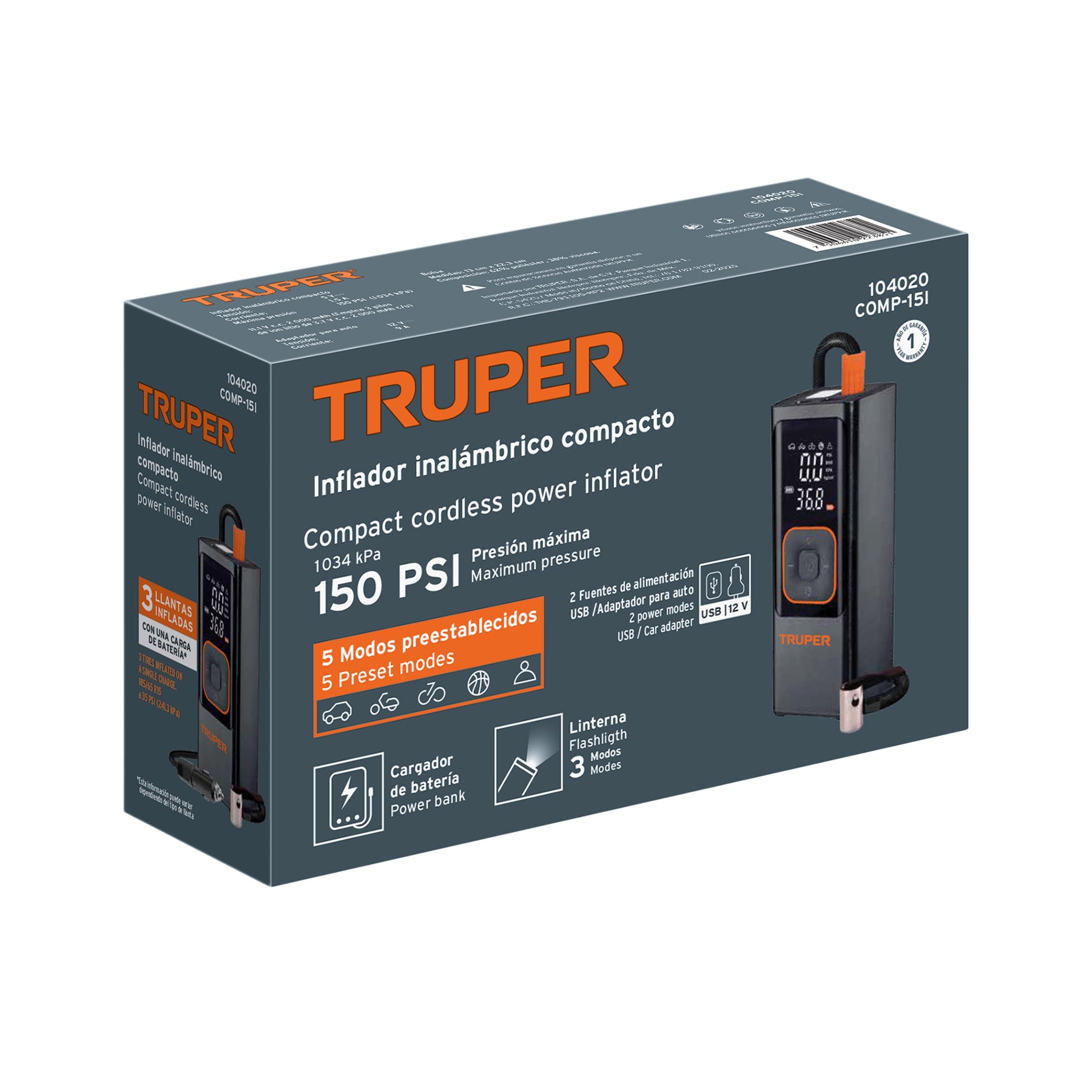 Inflador de aire inalámbrico portátil 150 PSI, TRUPER