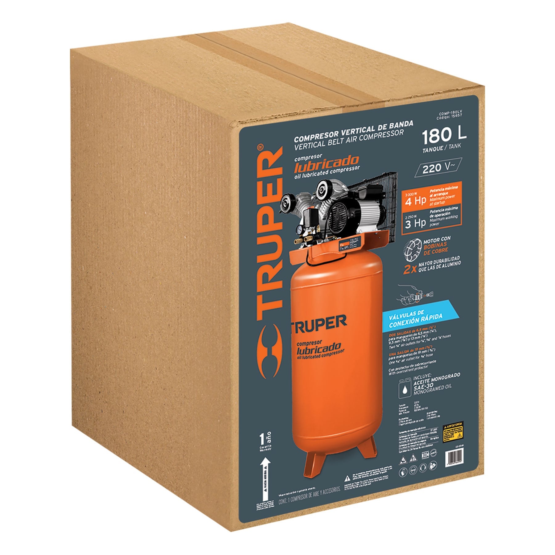Compresor lubricado, de banda, 180L, 4HP, vert, 220V, TRUPER