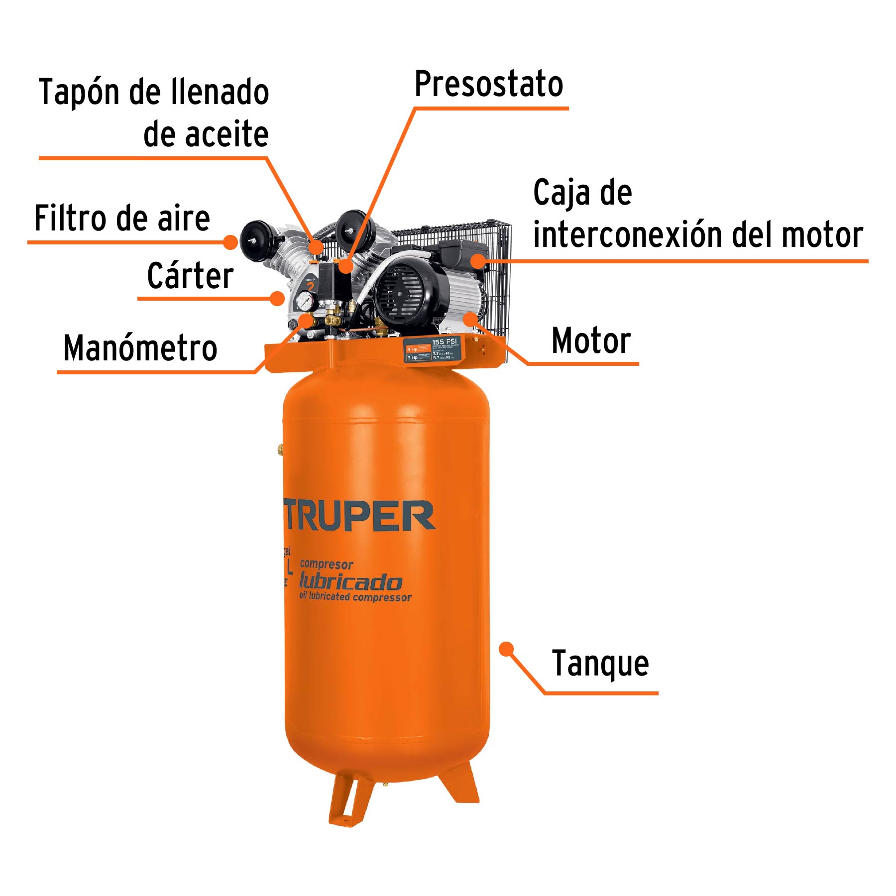 Compresor lubricado, de banda, 180L, 4HP, vert, 220V, TRUPER
