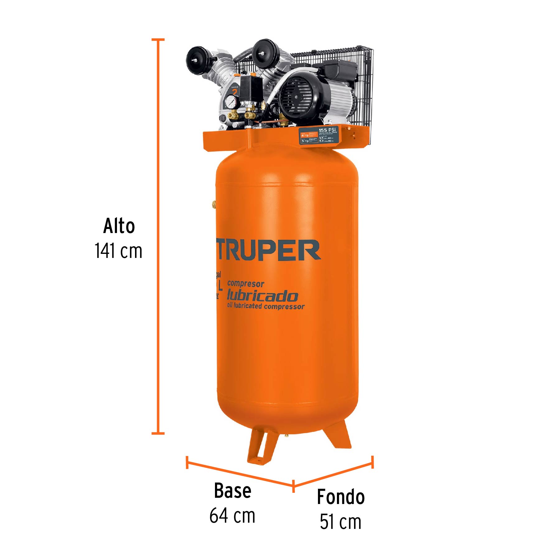Compresor lubricado, de banda, 180L, 4HP, vert, 220V, TRUPER