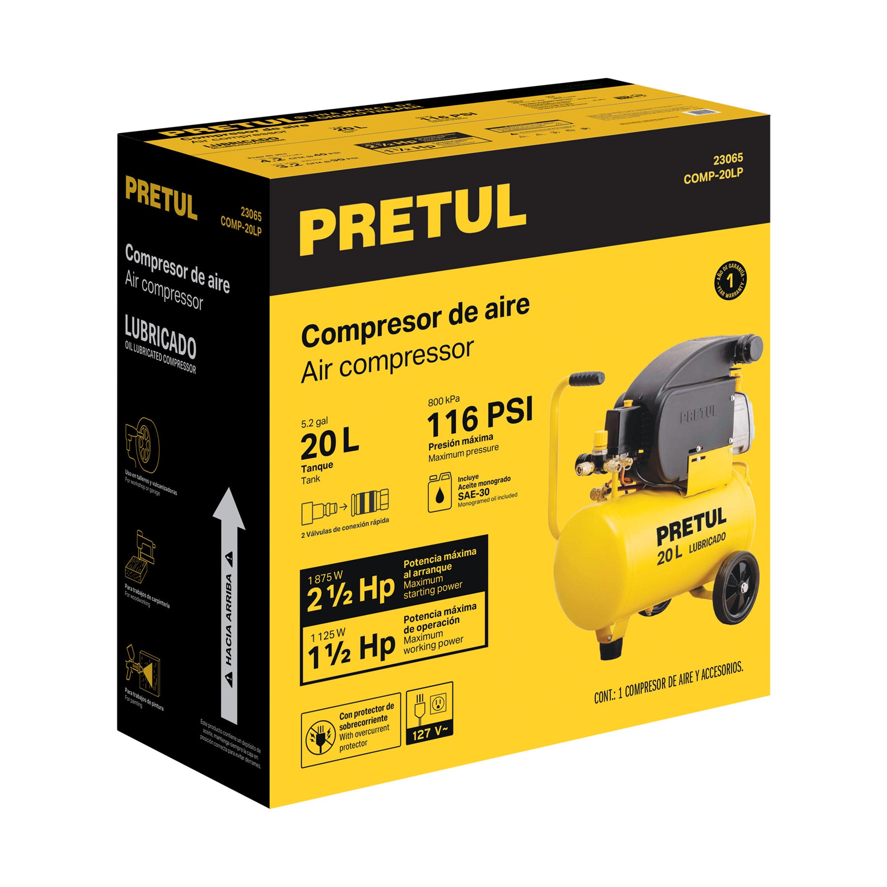 Compresor lubricado, 20L, 2-1/2HP, horizontal, 127V, PRETUL