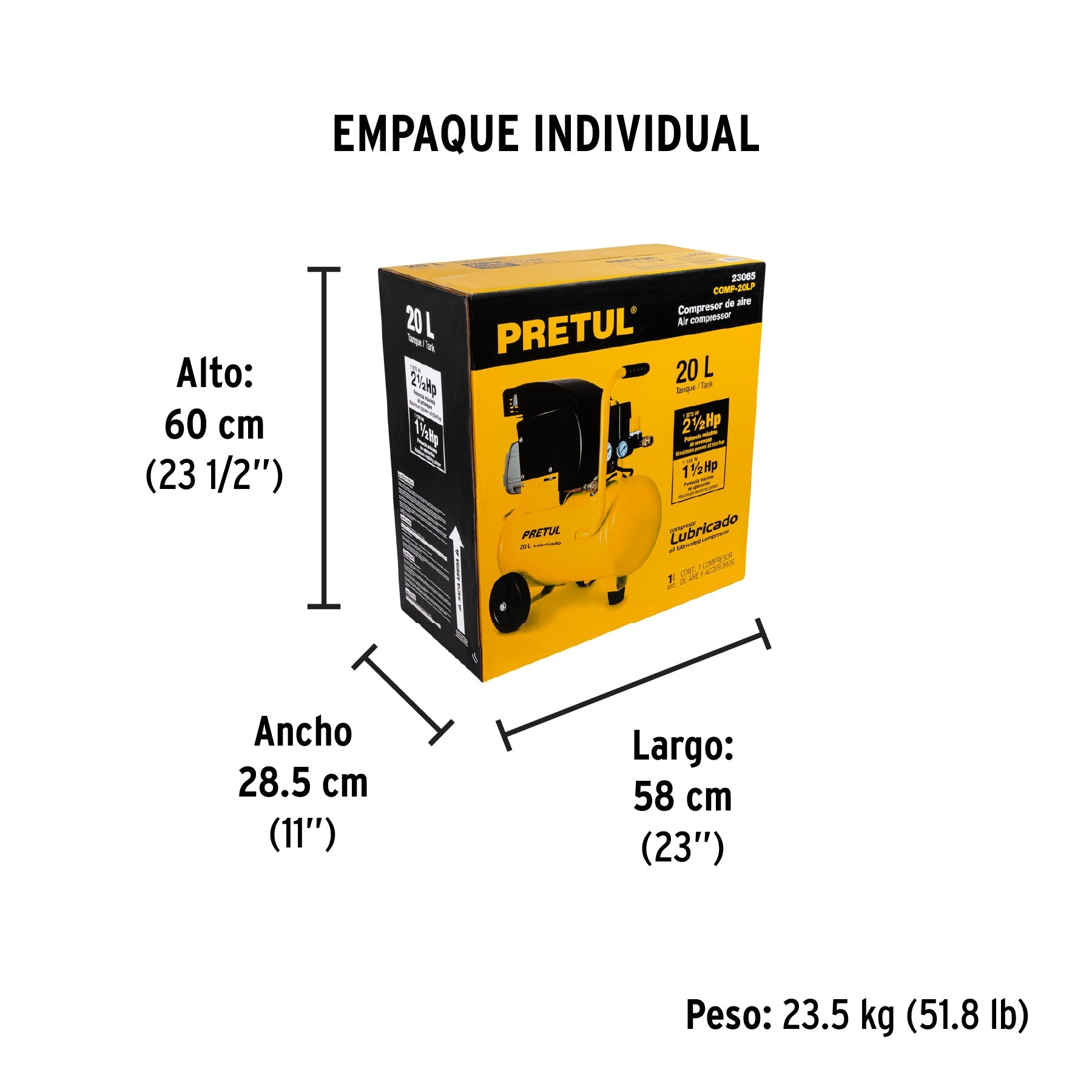 Compresor lubricado, 20L, 2-1/2HP, horizontal, 127V, PRETUL - Empaque