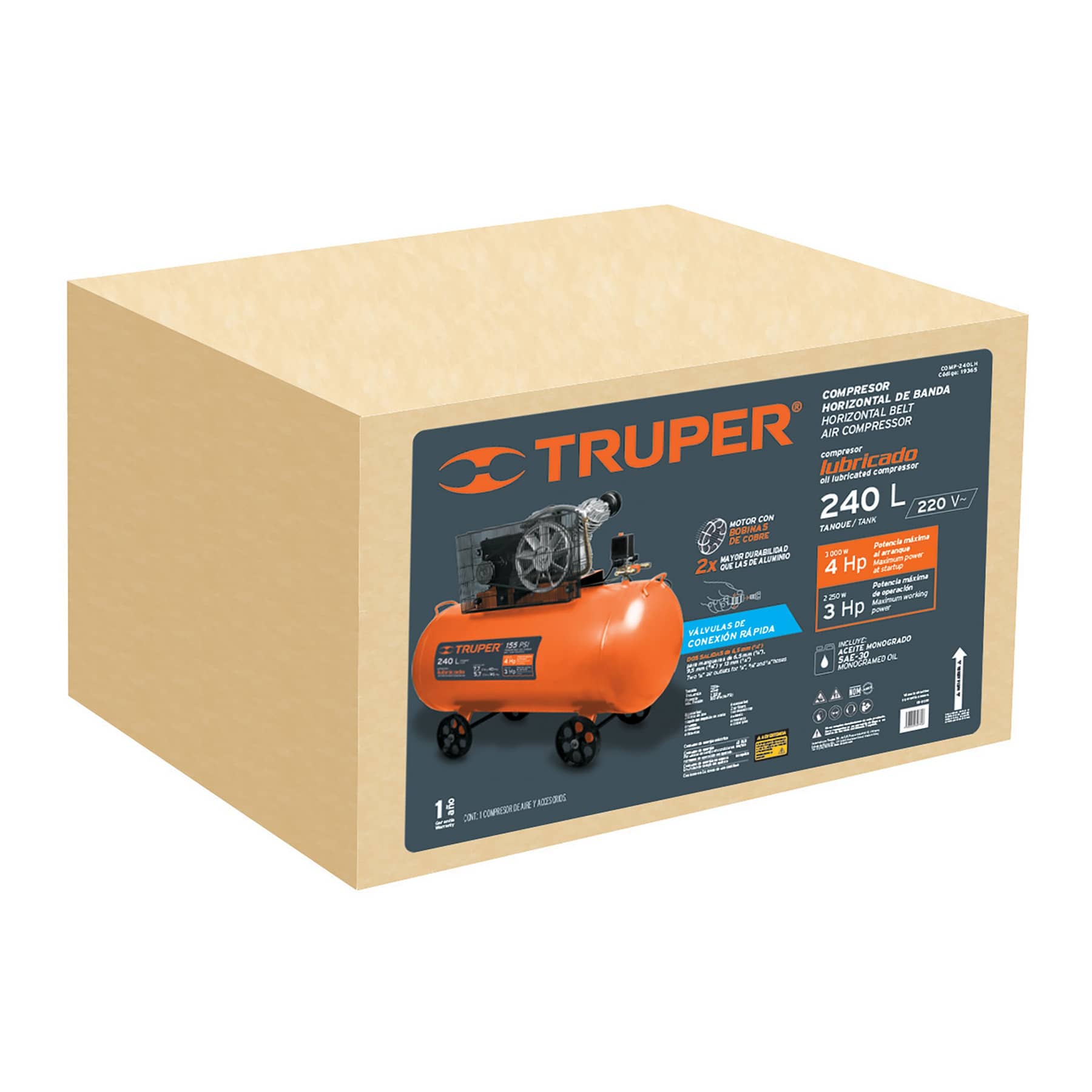 Compresor horizontal 240 L, 4 HP (potencia máxima ), 220 V