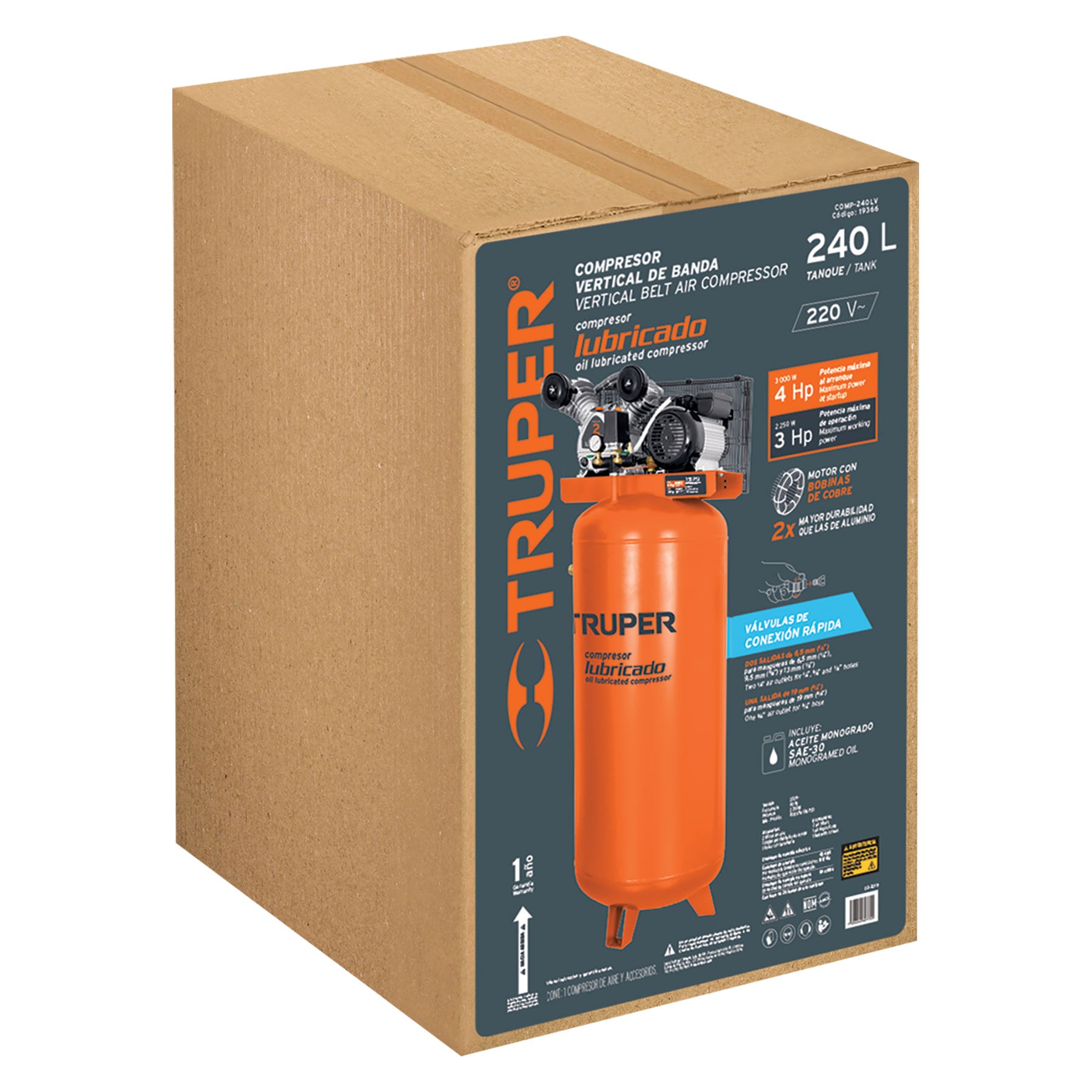 Compresor lubricado, de banda, 240L, 4HP, vert, 220V, TRUPER