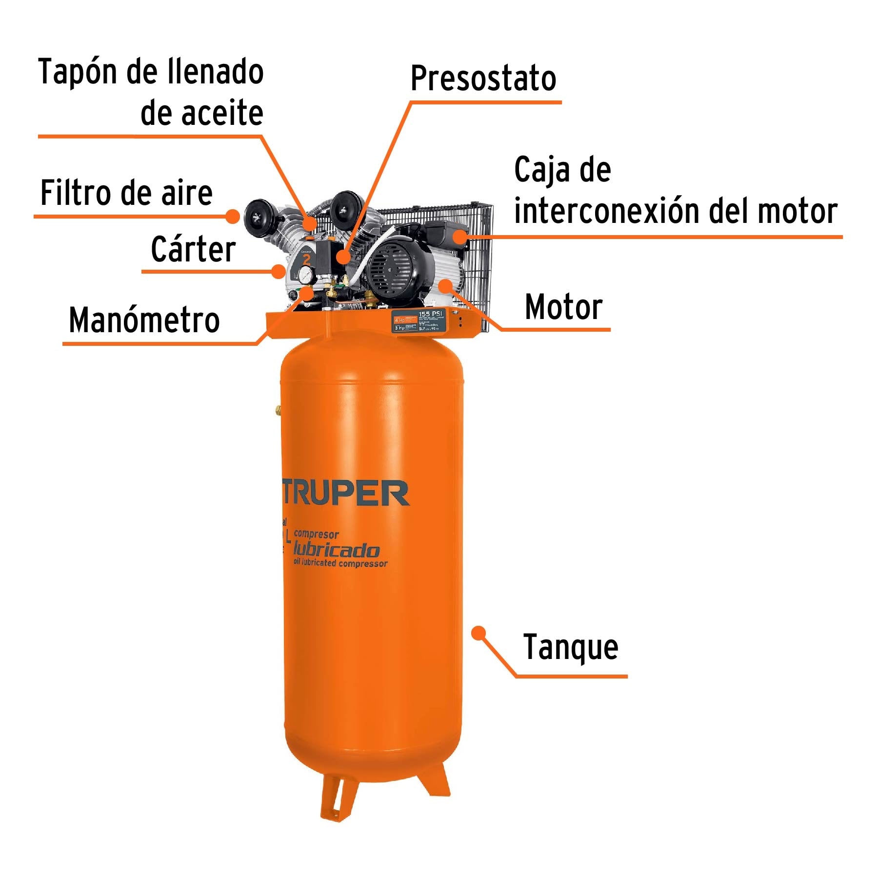 Compresor lubricado, de banda, 240L, 4HP, vert, 220V, TRUPER