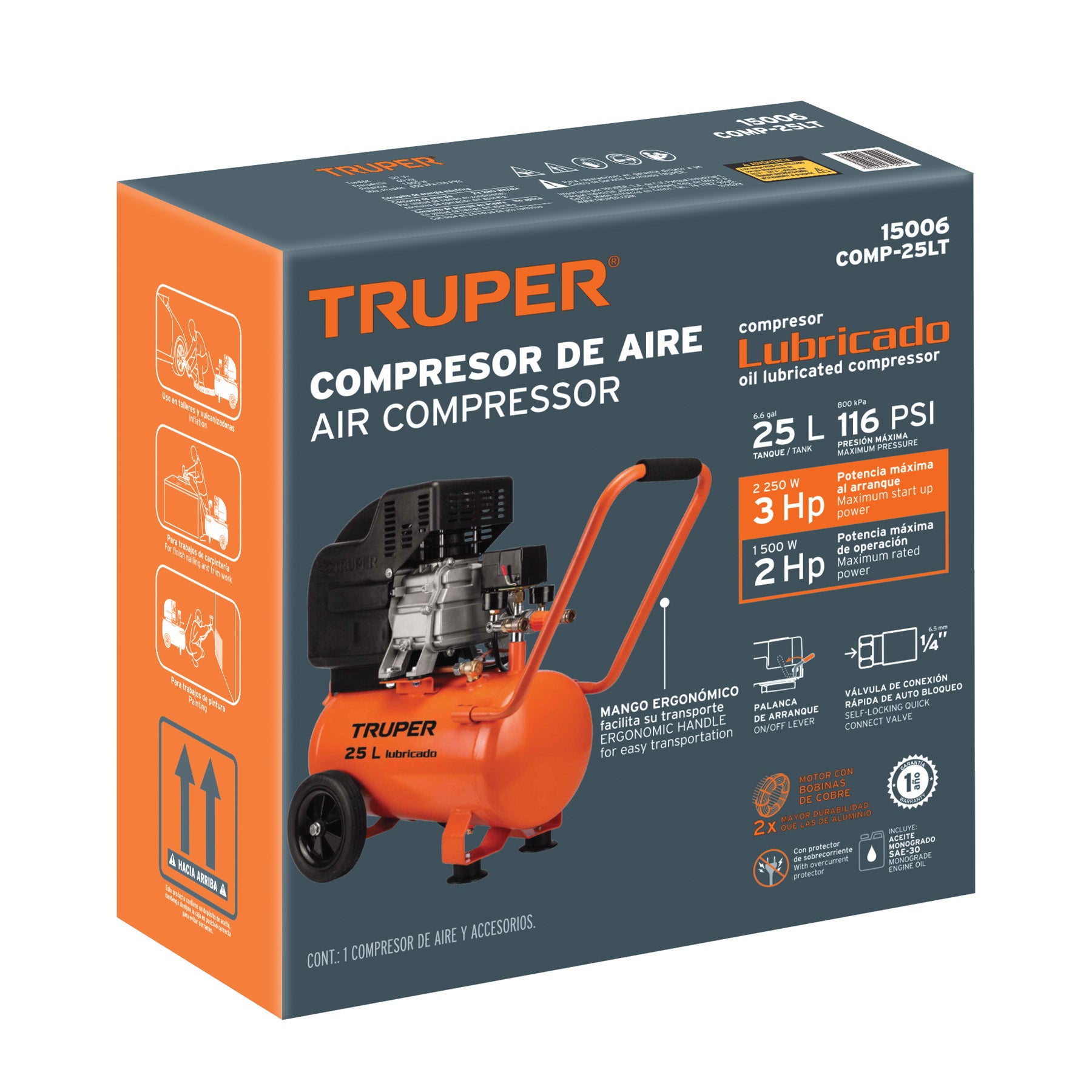 Compresor lubricado, 25L, 3HP, horizontal, 127V, TRUPER