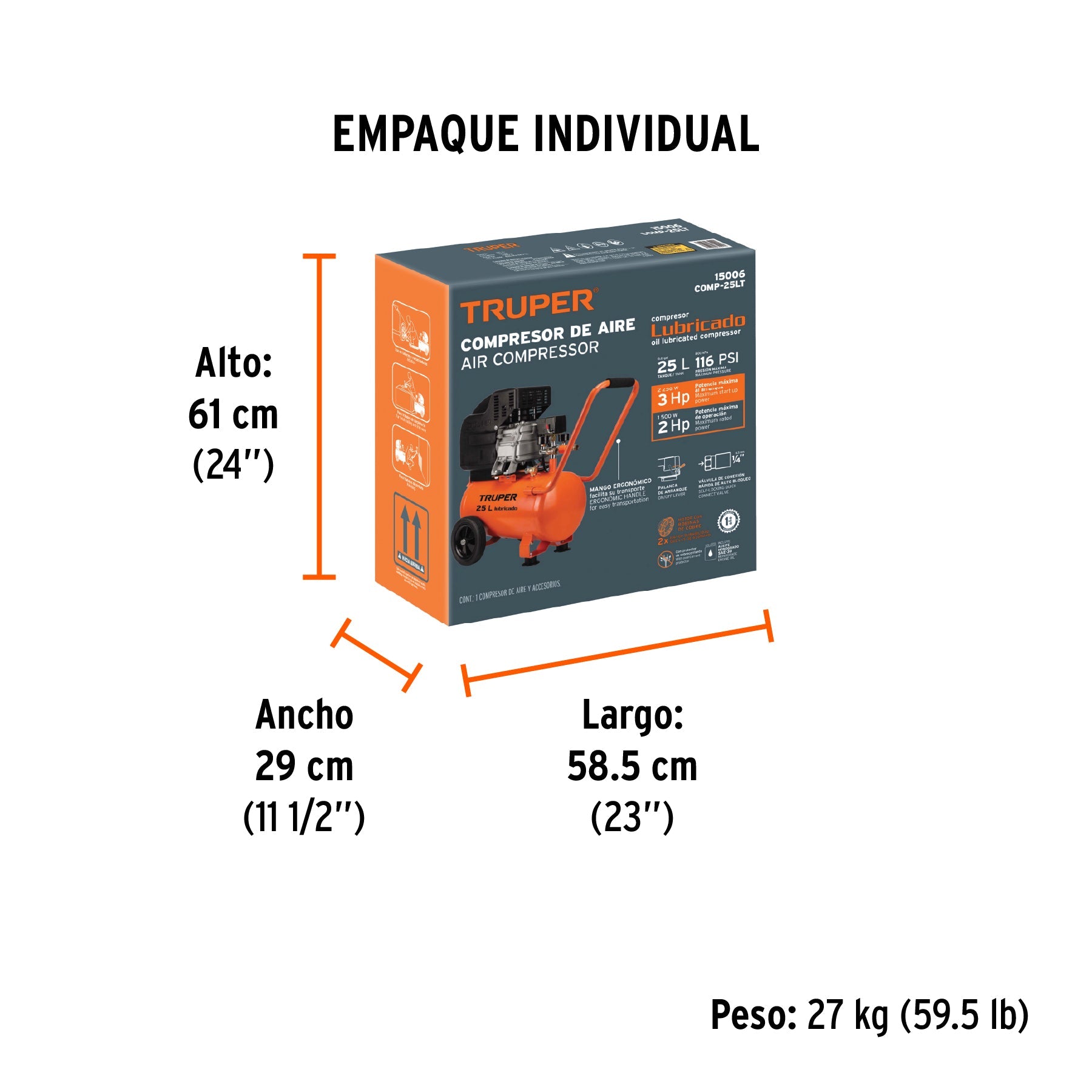 Compresor lubricado, 25L, 3HP, horizontal, 127V, TRUPER - Empaque