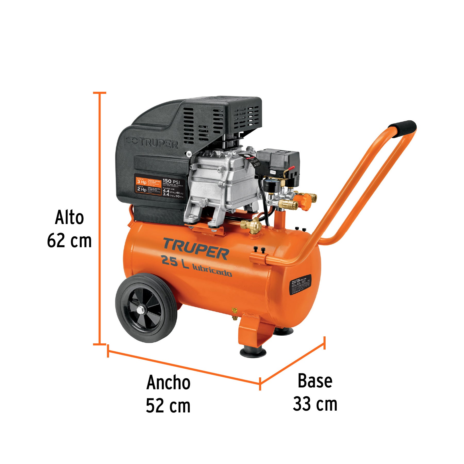Compresor lubricado, 25L, 3HP, horizontal, 127V, TRUPER