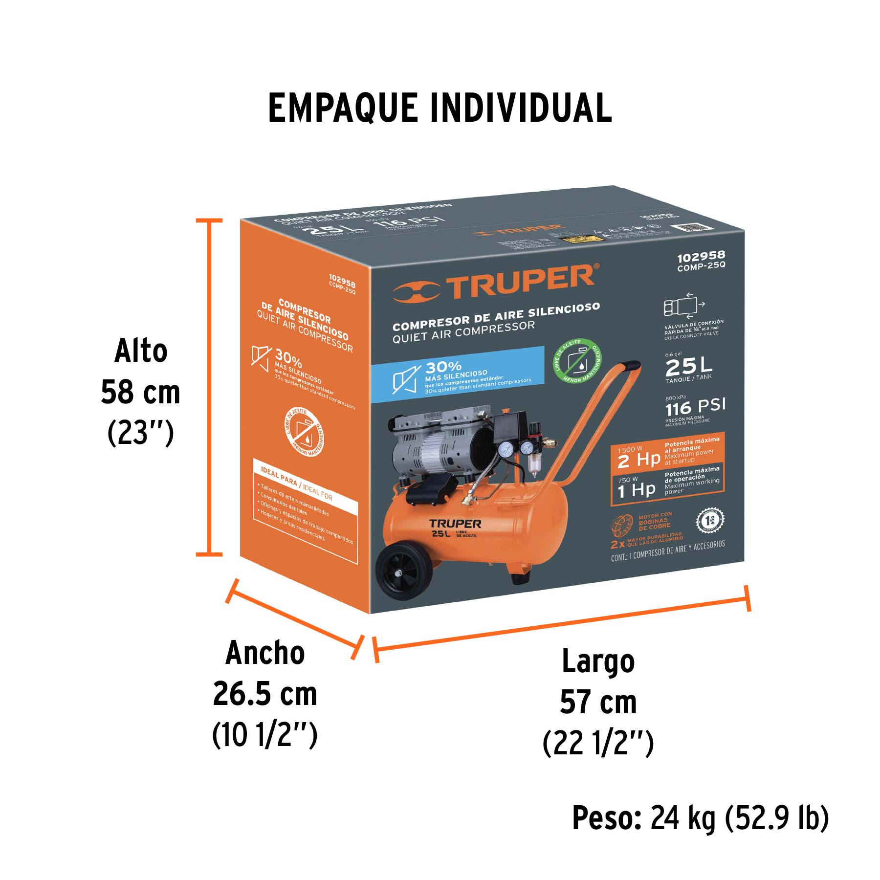 Compresor de aire, silencioso libre de aceite, 25 L, 2 HP - Empaque