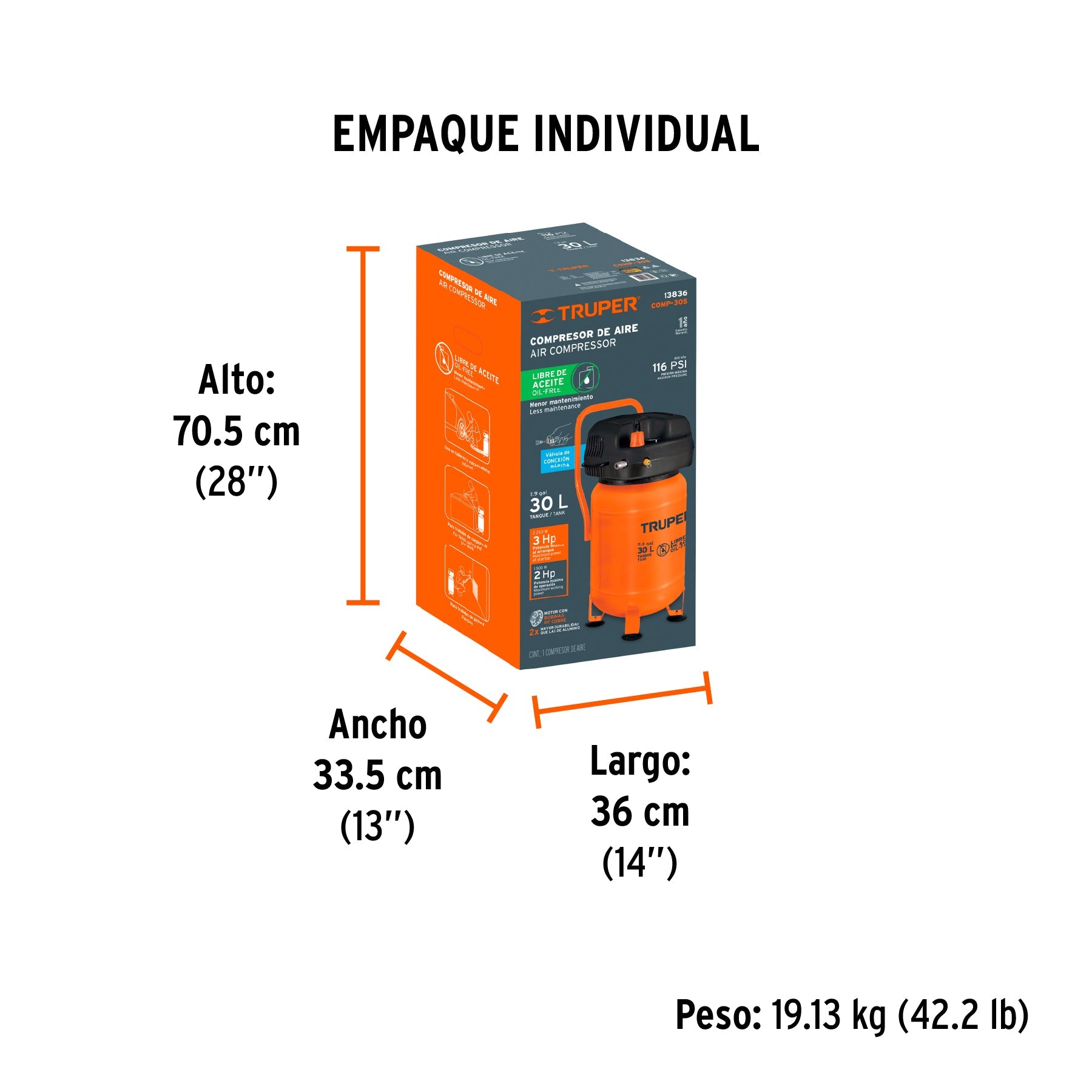Compresor libre de aceite, 30L, 3HP, vertical, 127V, TRUPER - Empaque