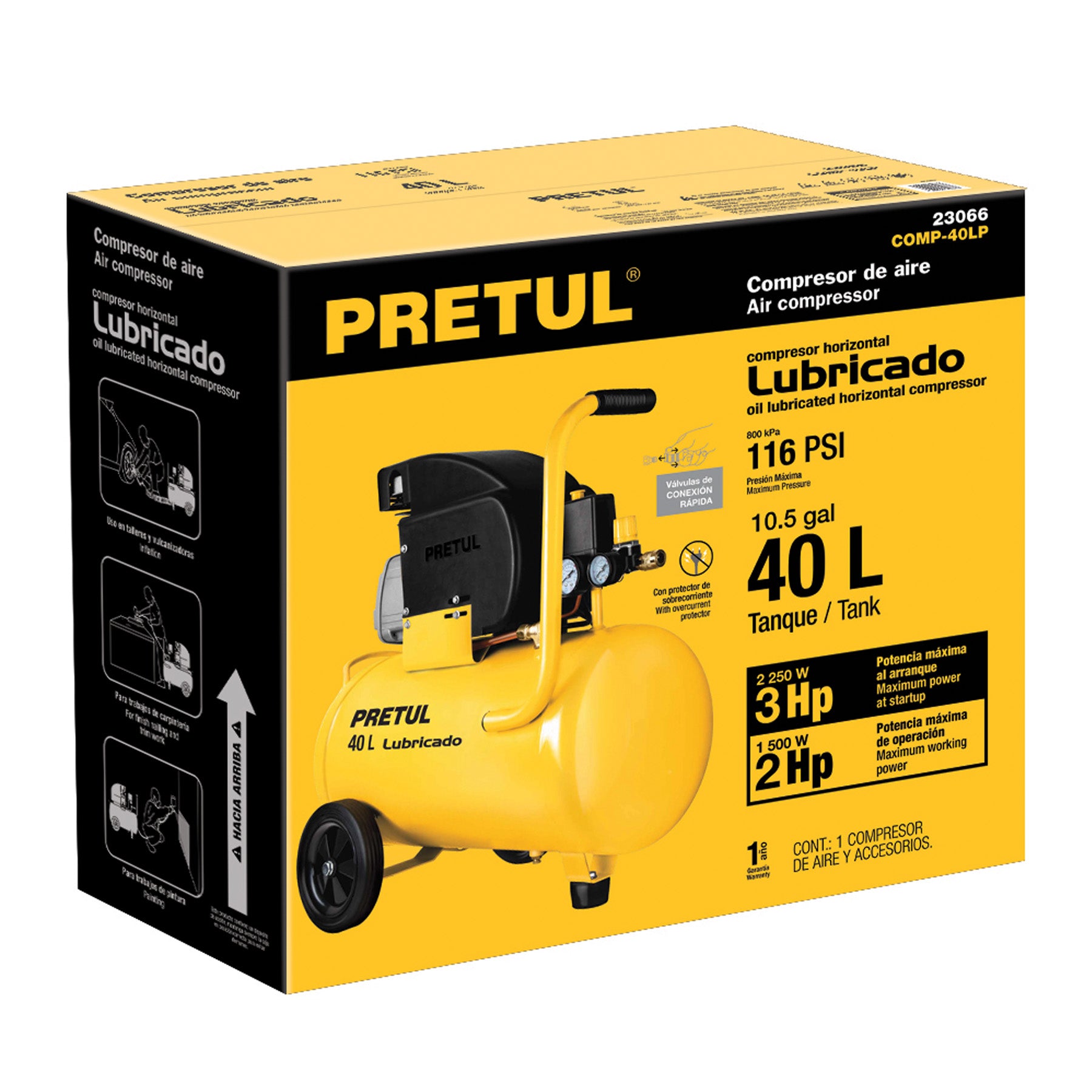Compresor lubricado, 40L, 3HP, horizontal, 127V, PRETUL