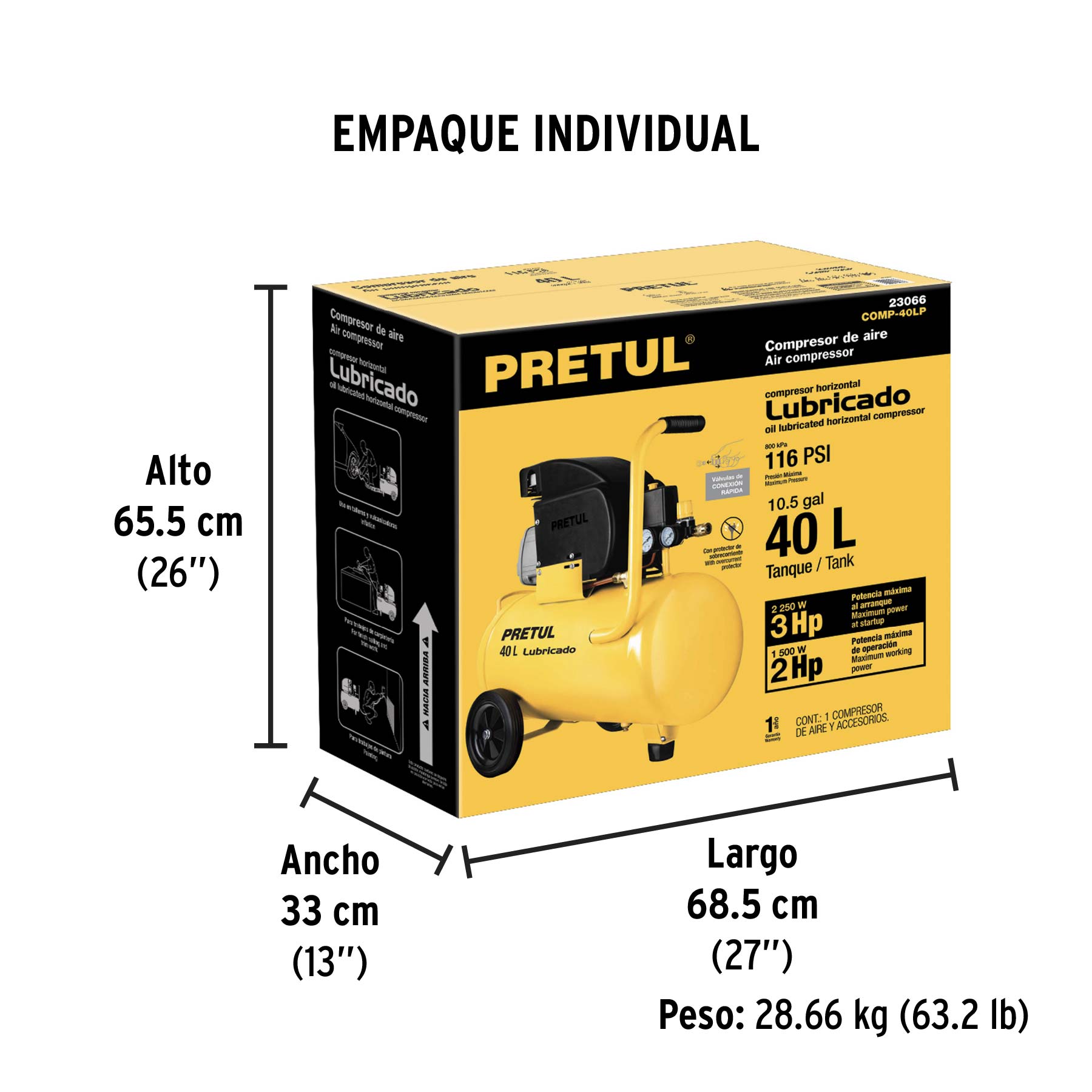 Compresor lubricado, 40L, 3HP, horizontal, 127V, PRETUL - Empaque