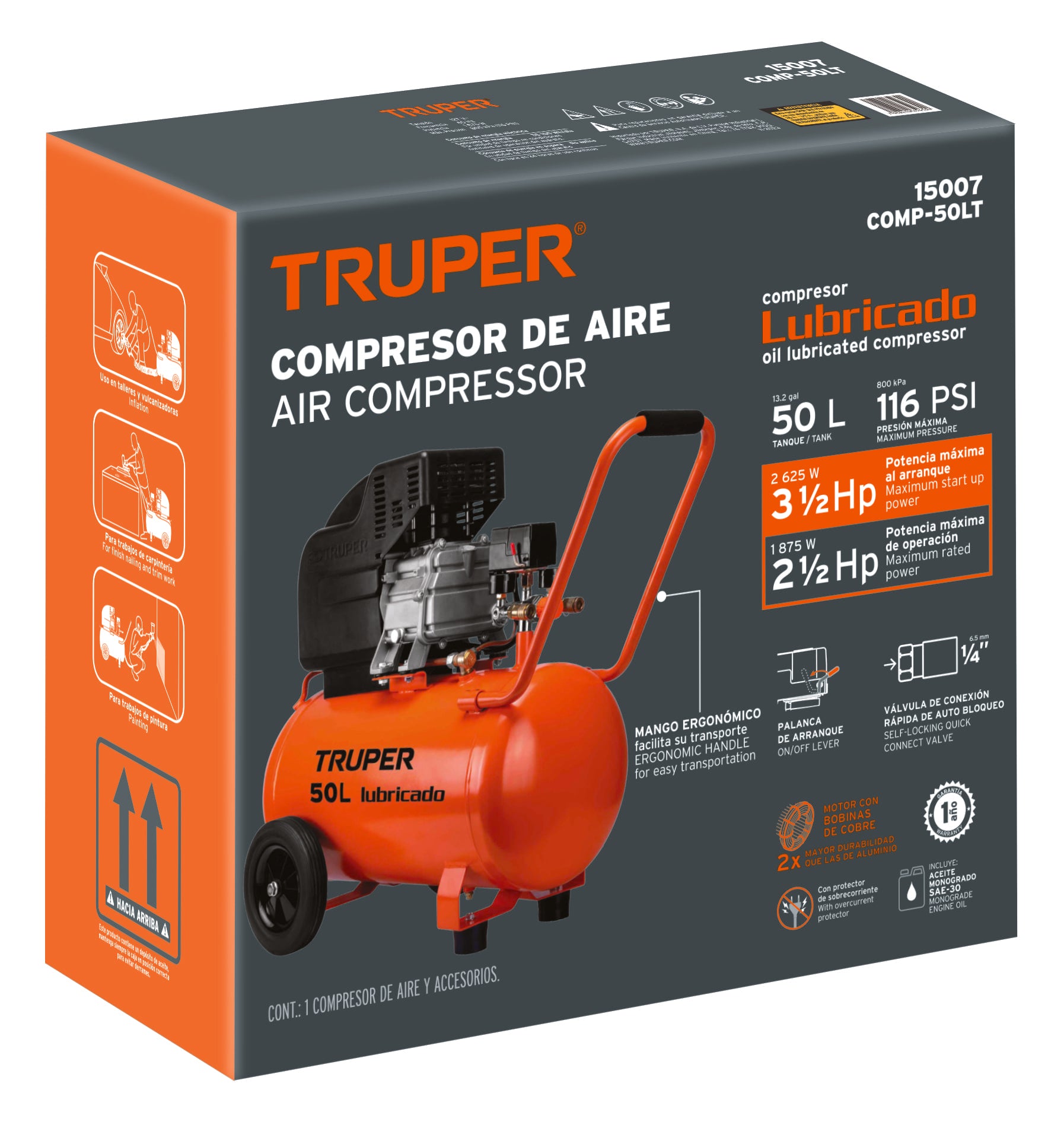 Compresor lubricado, 50L, 3-1/2HP, horizontal, 127V, TRUPER