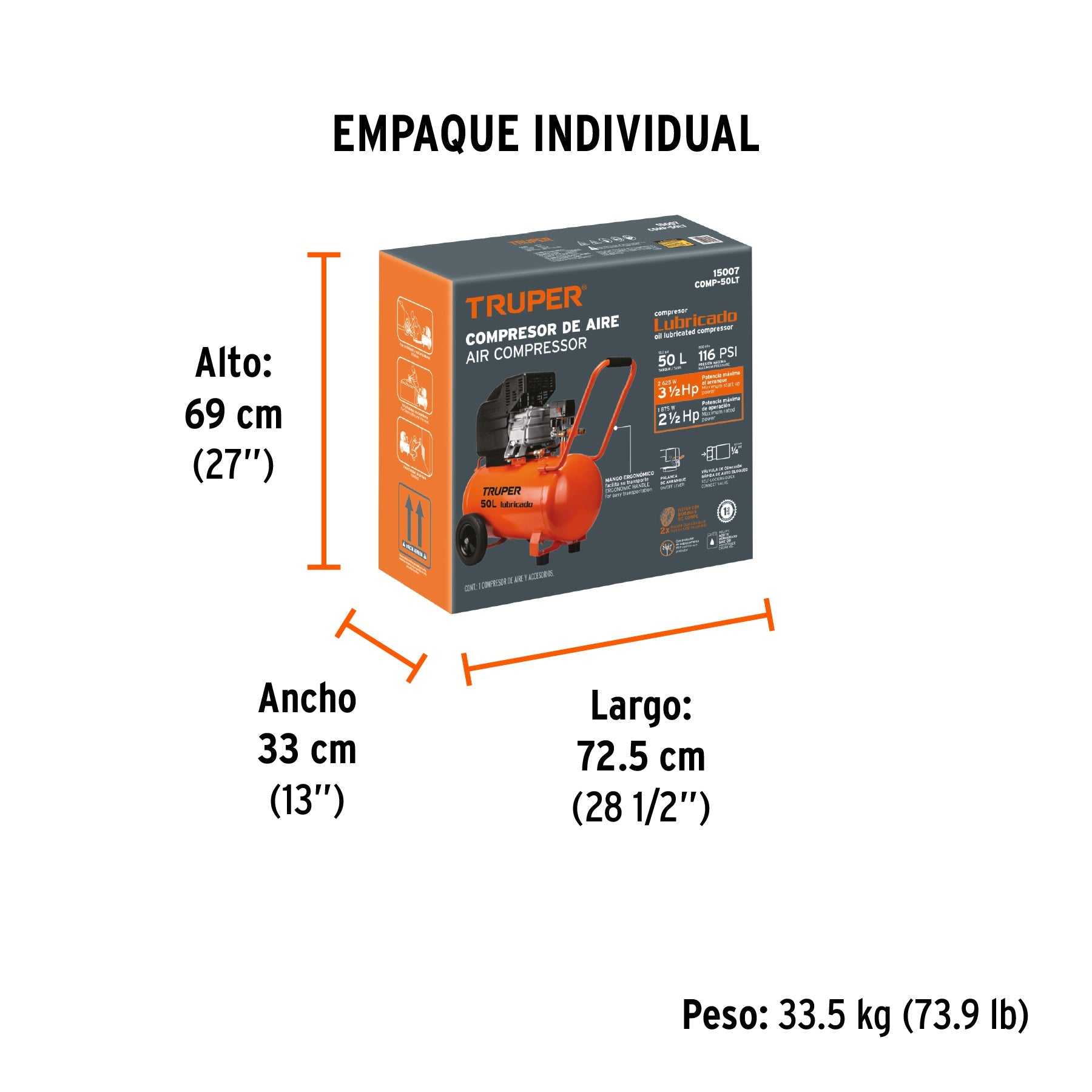 Compresor lubricado, 50L, 3-1/2HP, horizontal, 127V, TRUPER - Empaque