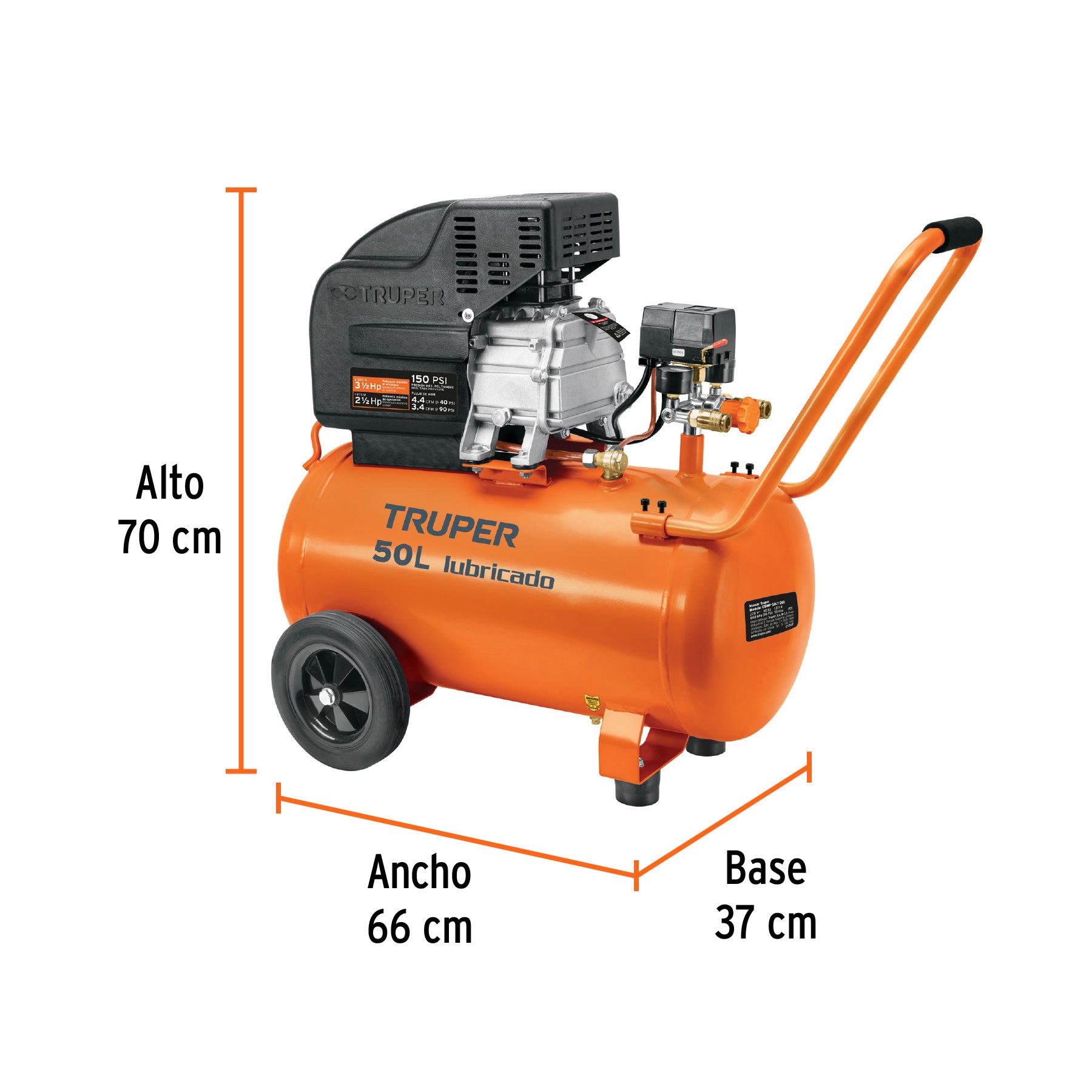 Compresor lubricado, 50L, 3-1/2HP, horizontal, 127V, TRUPER