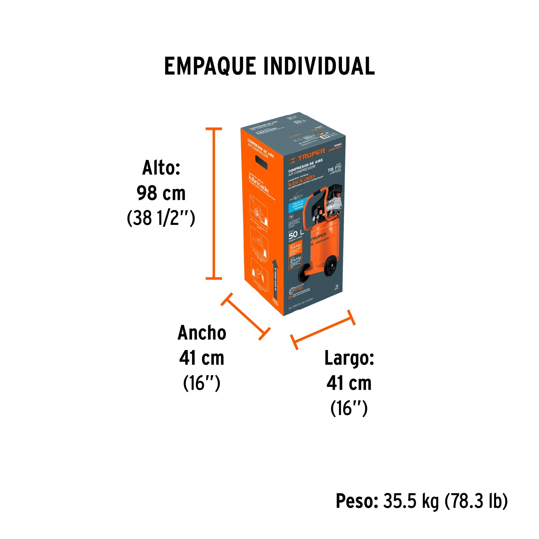 Compresor lubricado, 50L, 3-1/2HP, vertical, 127V, TRUPER - Empaque