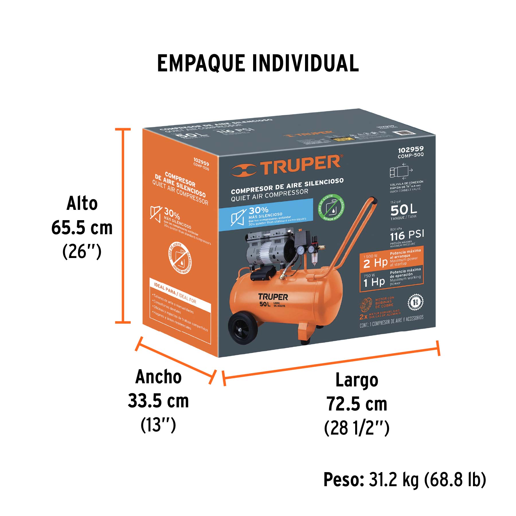 Compresor de aire, silencioso libre de aceite, 50 L, 2 HP - Empaque
