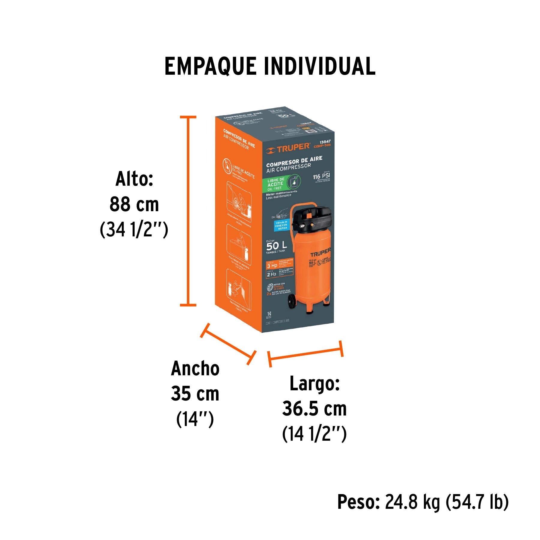 Compresor libre de aceite, 50L, 3HP, vertical, 127V, TRUPER - Empaque