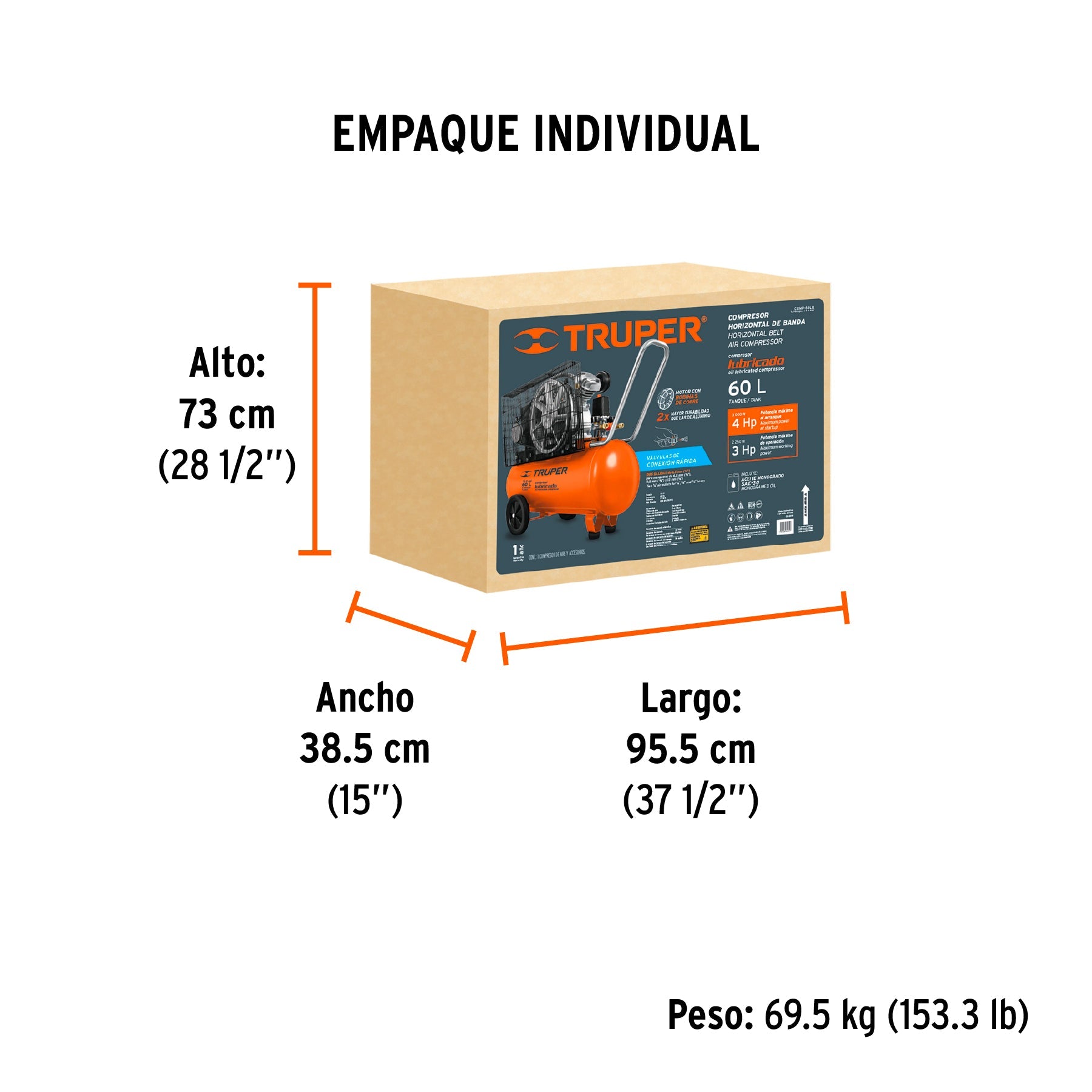 Compresor lubricado, de banda, 60L, hor, 4HP, 127V, TRUPER - Empaque