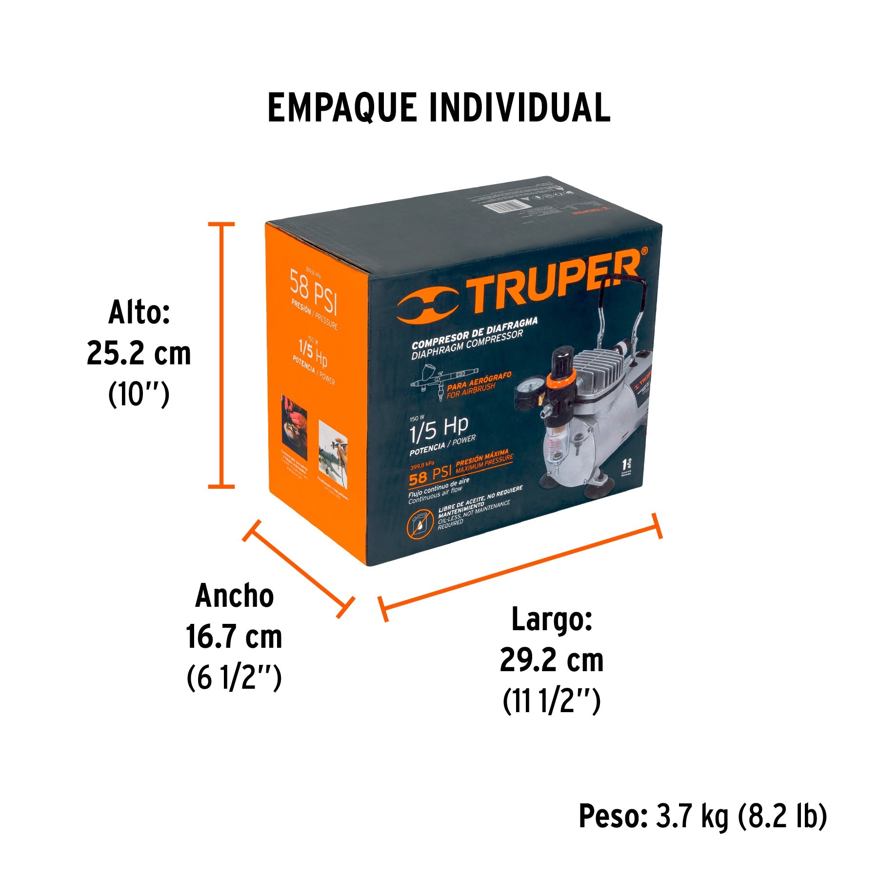 Compresor libre de aceite, para aerografo,1/5HP,127V, TRUPER - Empaque