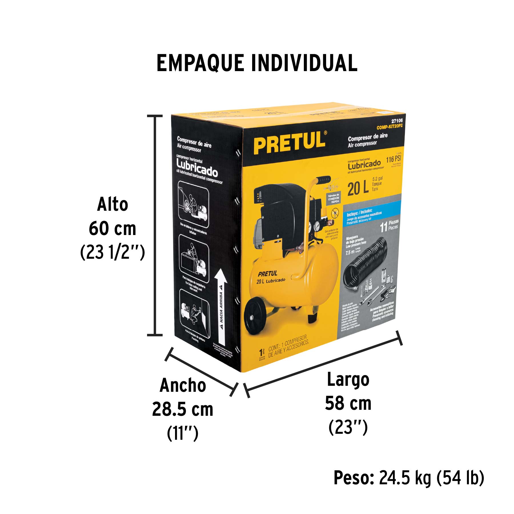 Kit Compresor lub, 20L, manguera y accesorios, 127V, PRETUL - Empaque