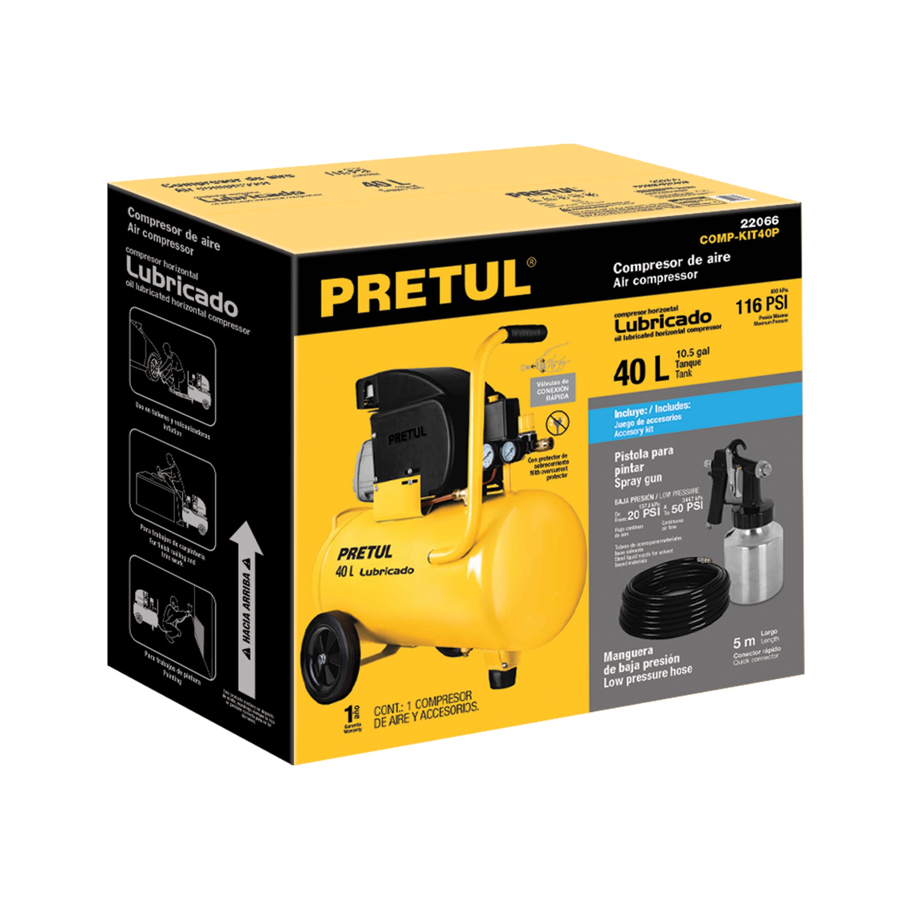 Kit Compresor lub, 40L, manguera y pistola baja,127V, PRETUL