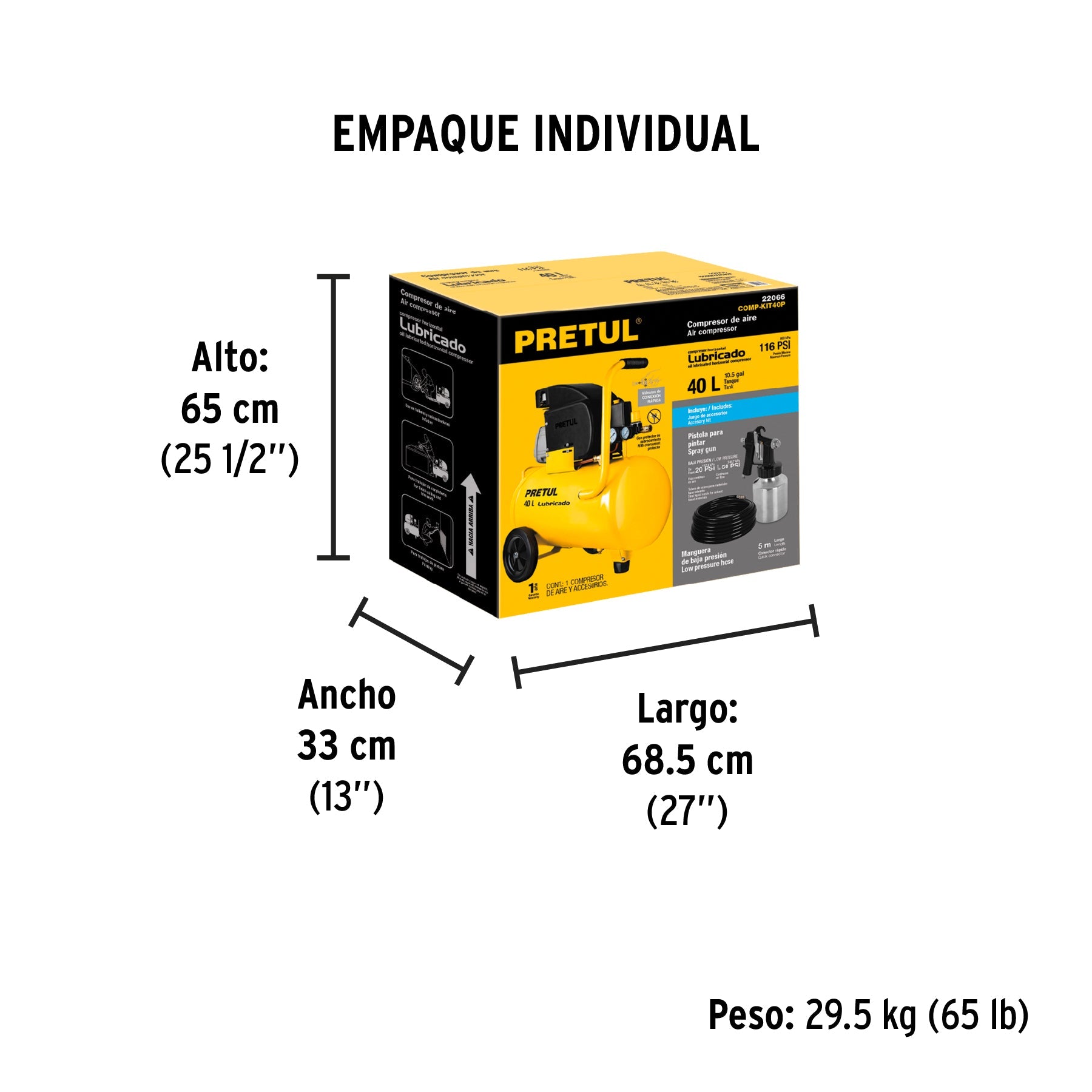 Kit Compresor lub, 40L, manguera y pistola baja,127V, PRETUL - Empaque