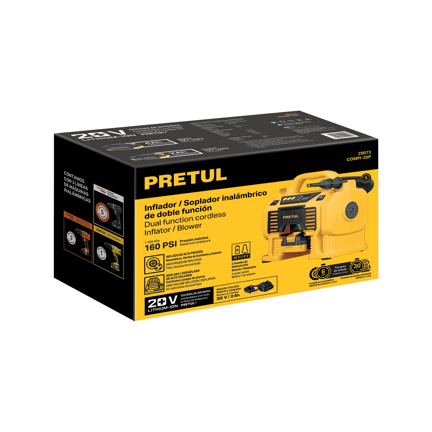 Inflador/soplador para auto, 20V, 1 batería 2Ah, PRETUL
