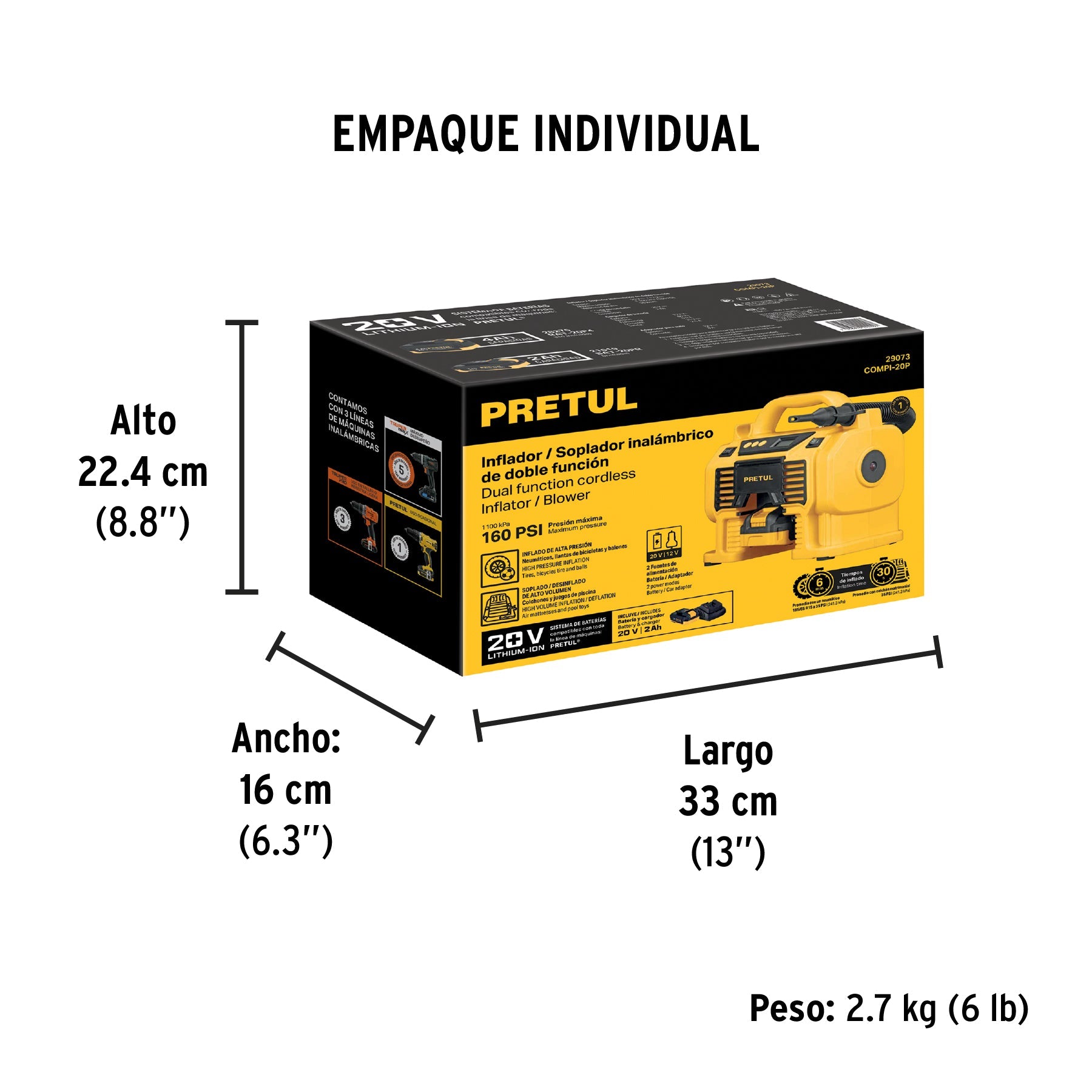 Inflador/soplador para auto, 20V, 1 batería 2Ah, PRETUL - Empaque