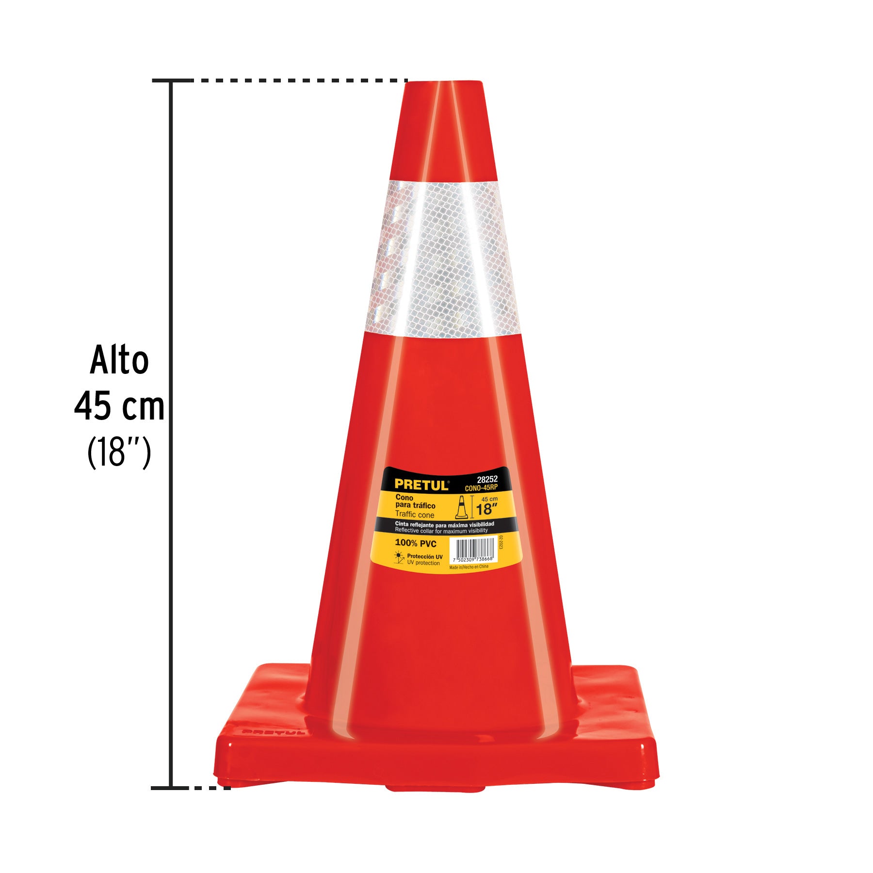 Cono de precaución de 45 cm de PVC con reflejante, PRETUL