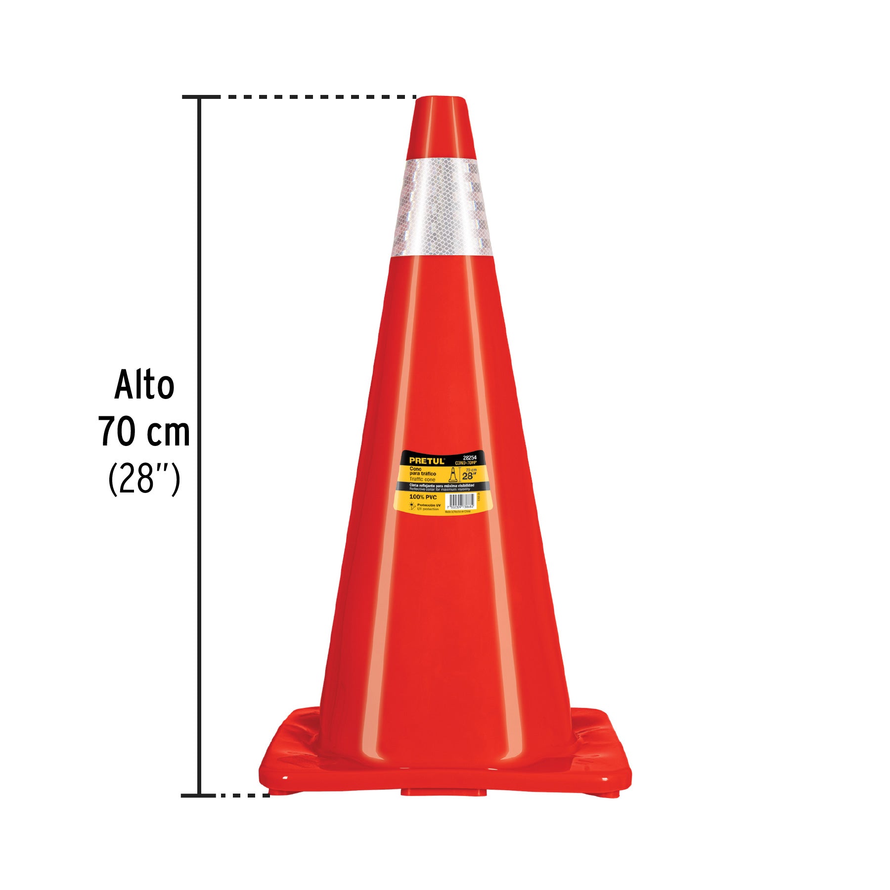 Cono de precaución de 70 cm de PVC con reflejante, PRETUL