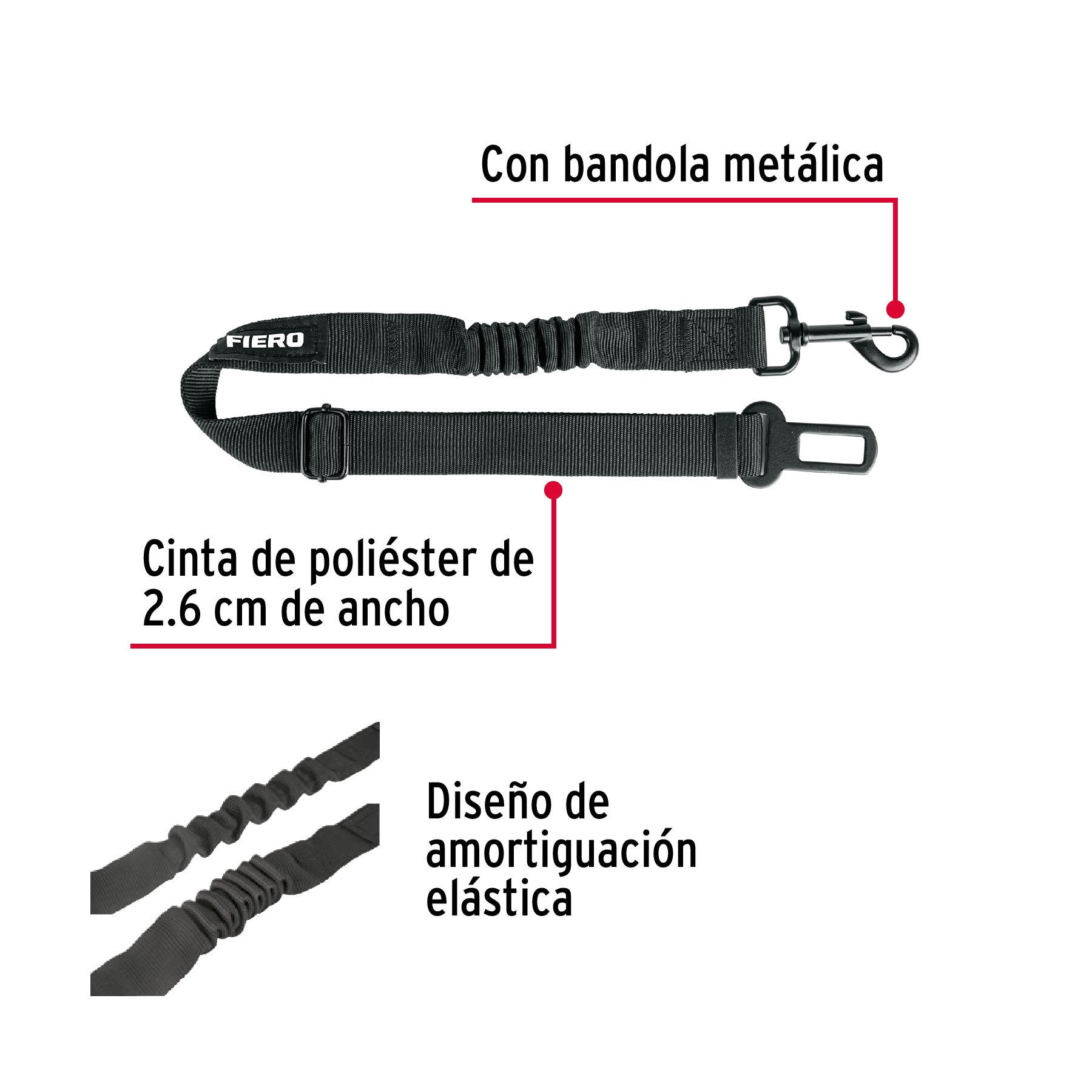 Correa de perro para cinturón de seguridad 90cm, FIERO