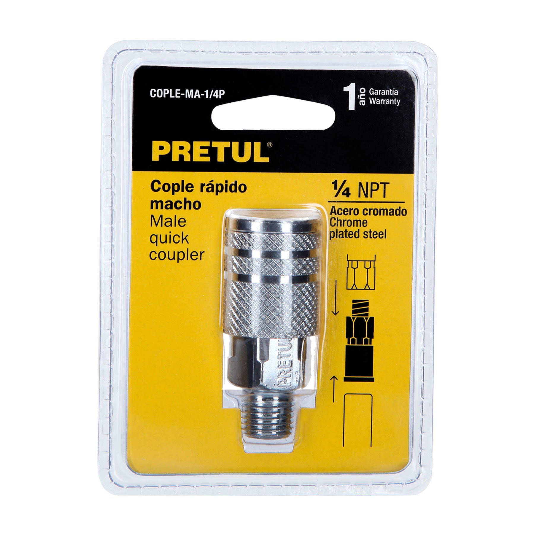Cople rápido de acero, macho, cuerda 1/4" NPT, PRETUL