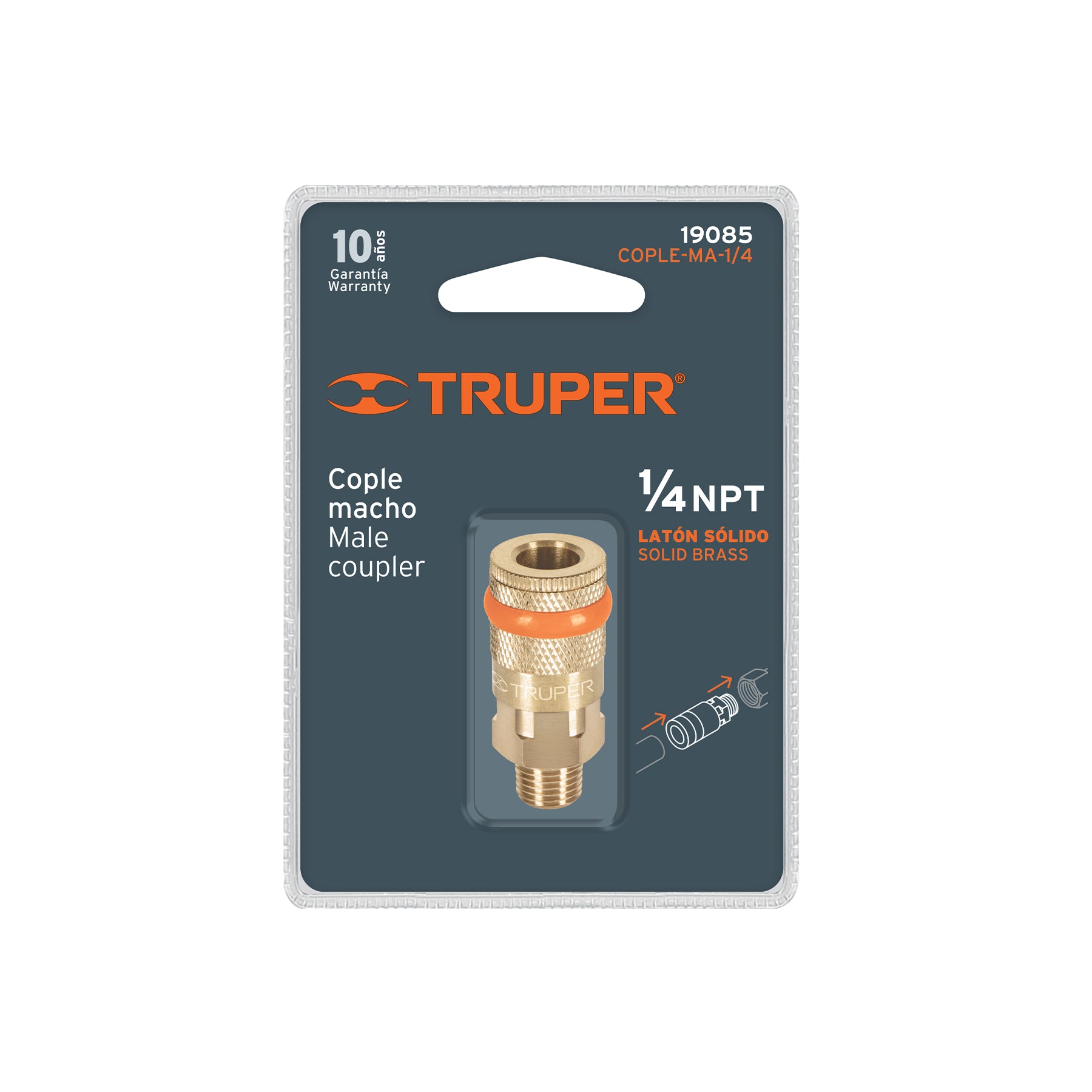 Cople rápido de latón, macho, cuerda 1/4" NPT, TRUPER