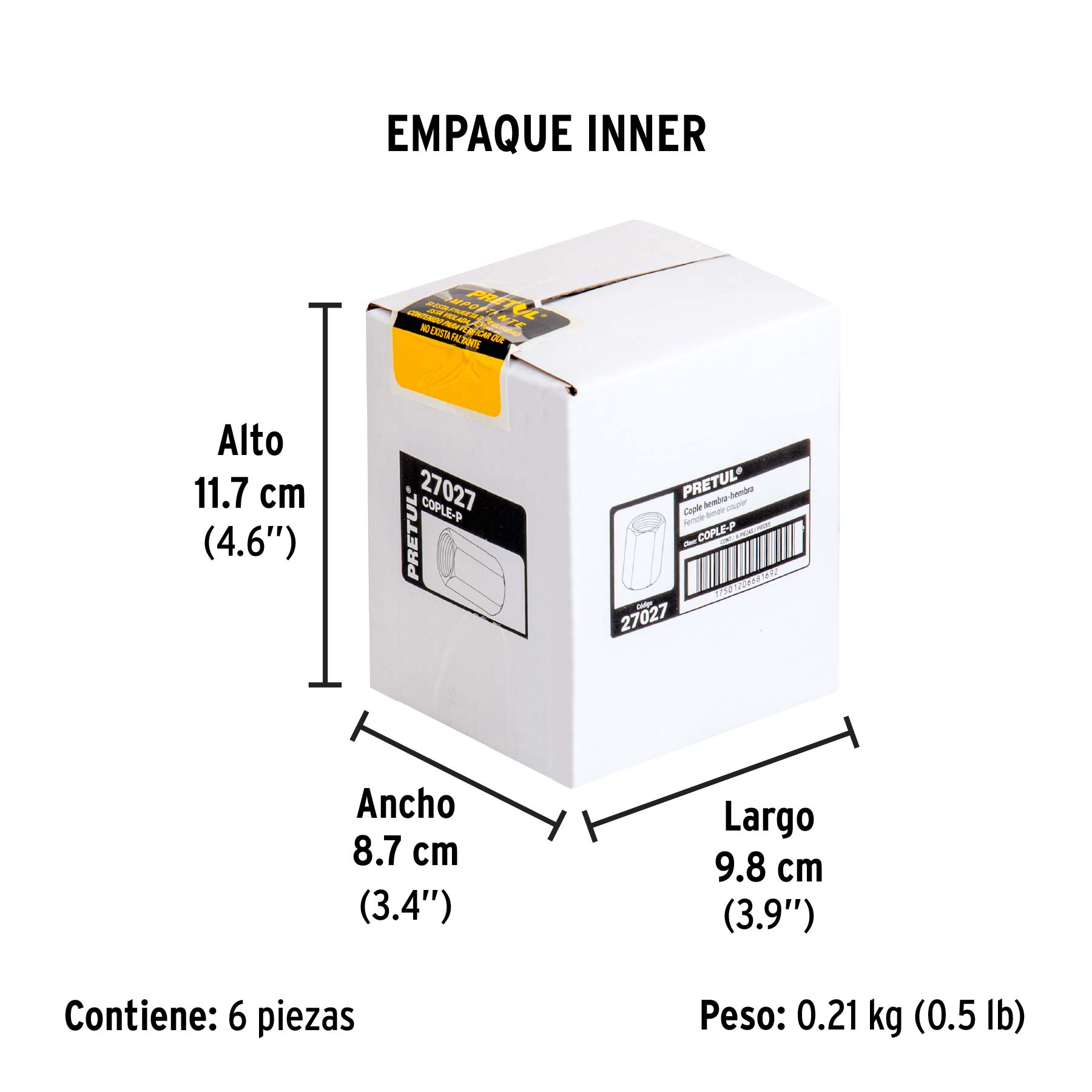 Cople de acero, hembra-hembra, cuerda 1/4" NPT, PRETUL - Empaque