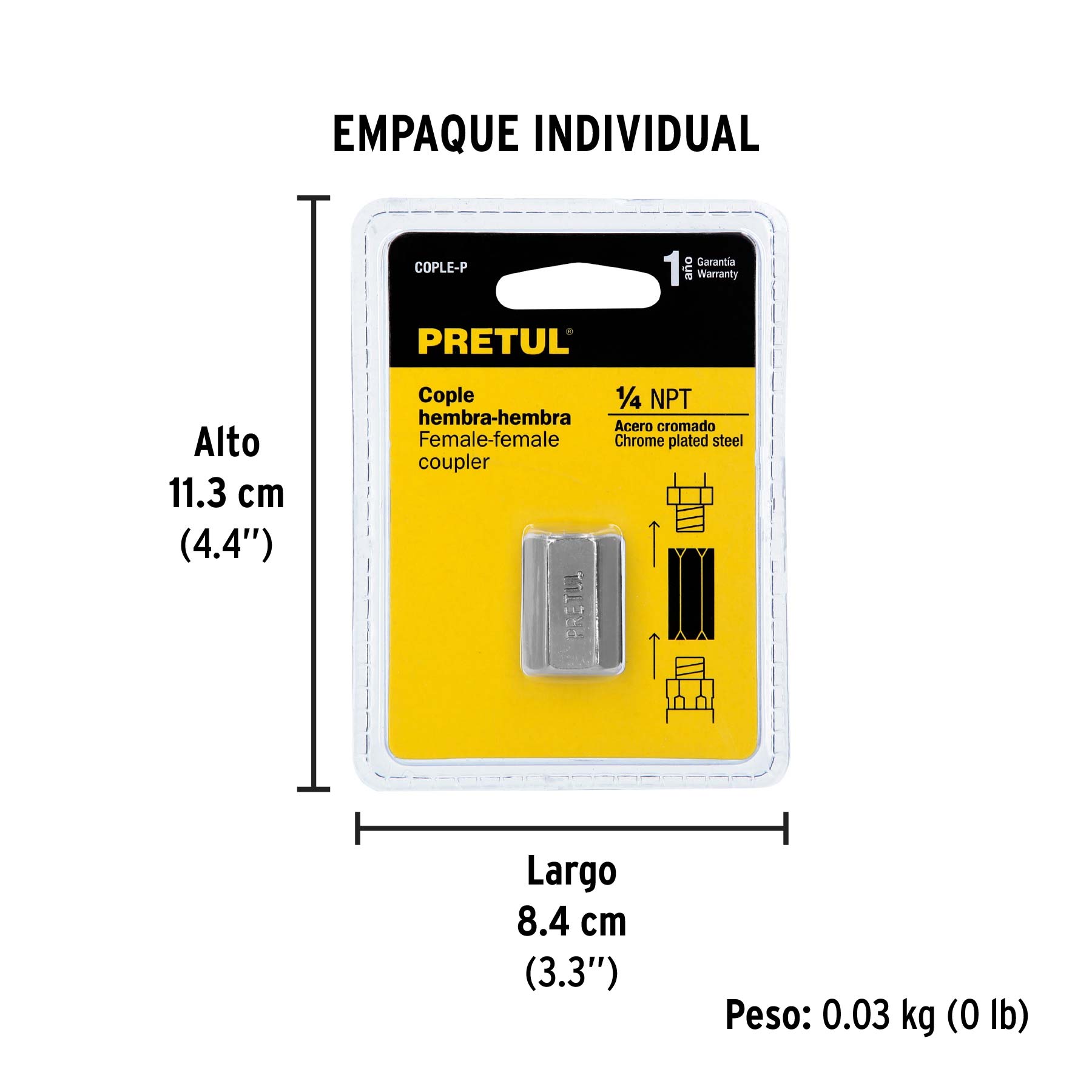 Cople de acero, hembra-hembra, cuerda 1/4" NPT, PRETUL - Empaque
