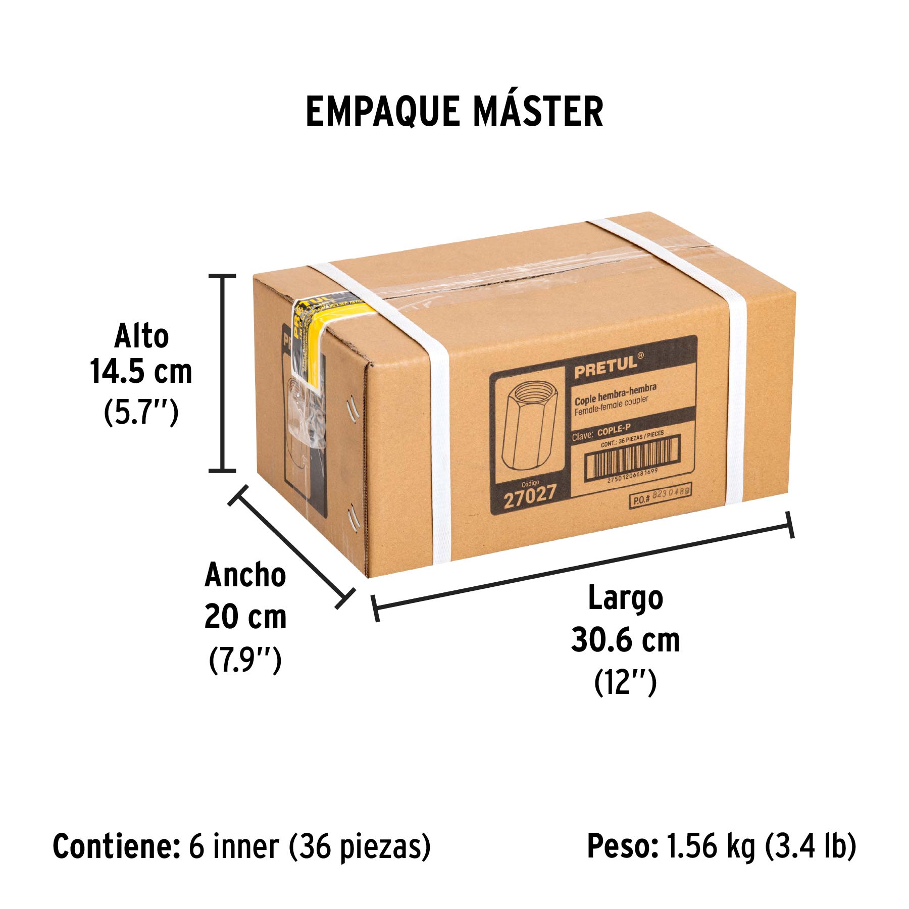 Cople de acero, hembra-hembra, cuerda 1/4" NPT, PRETUL - Empaque