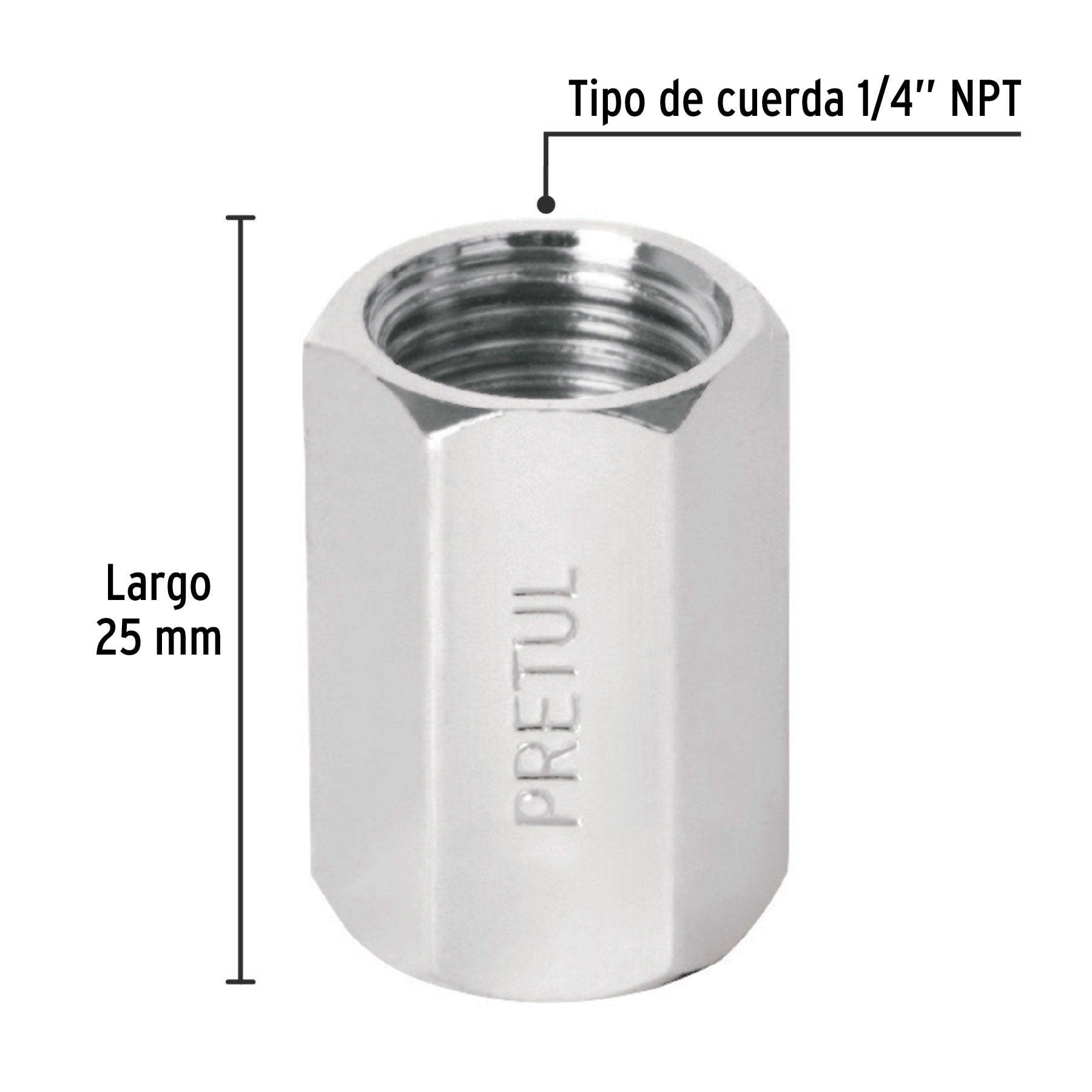 Cople de acero, hembra-hembra, cuerda 1/4" NPT, PRETUL