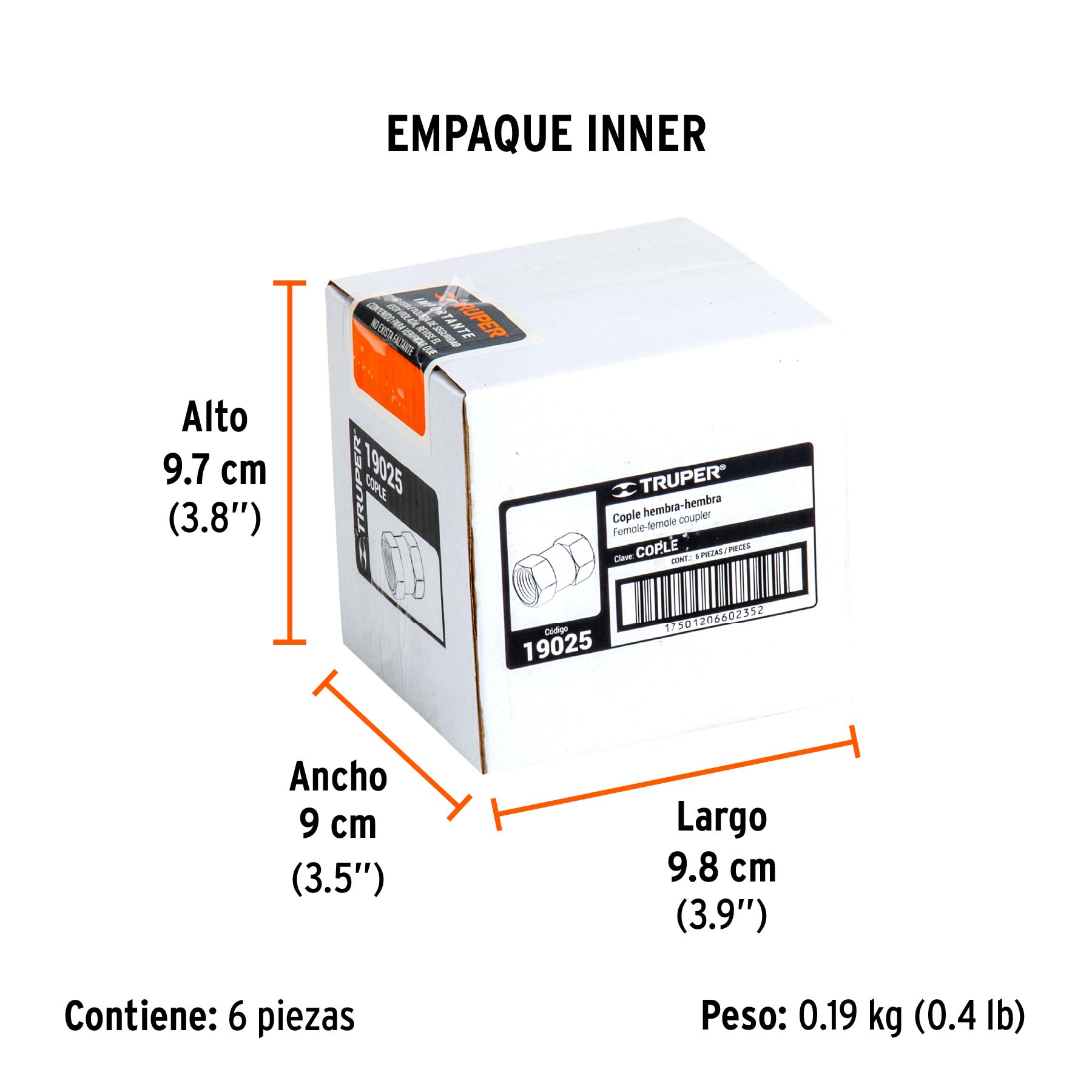 Cople de latón, hembra-hembra, cuerda 1/4" NPT, TRUPER - Empaque
